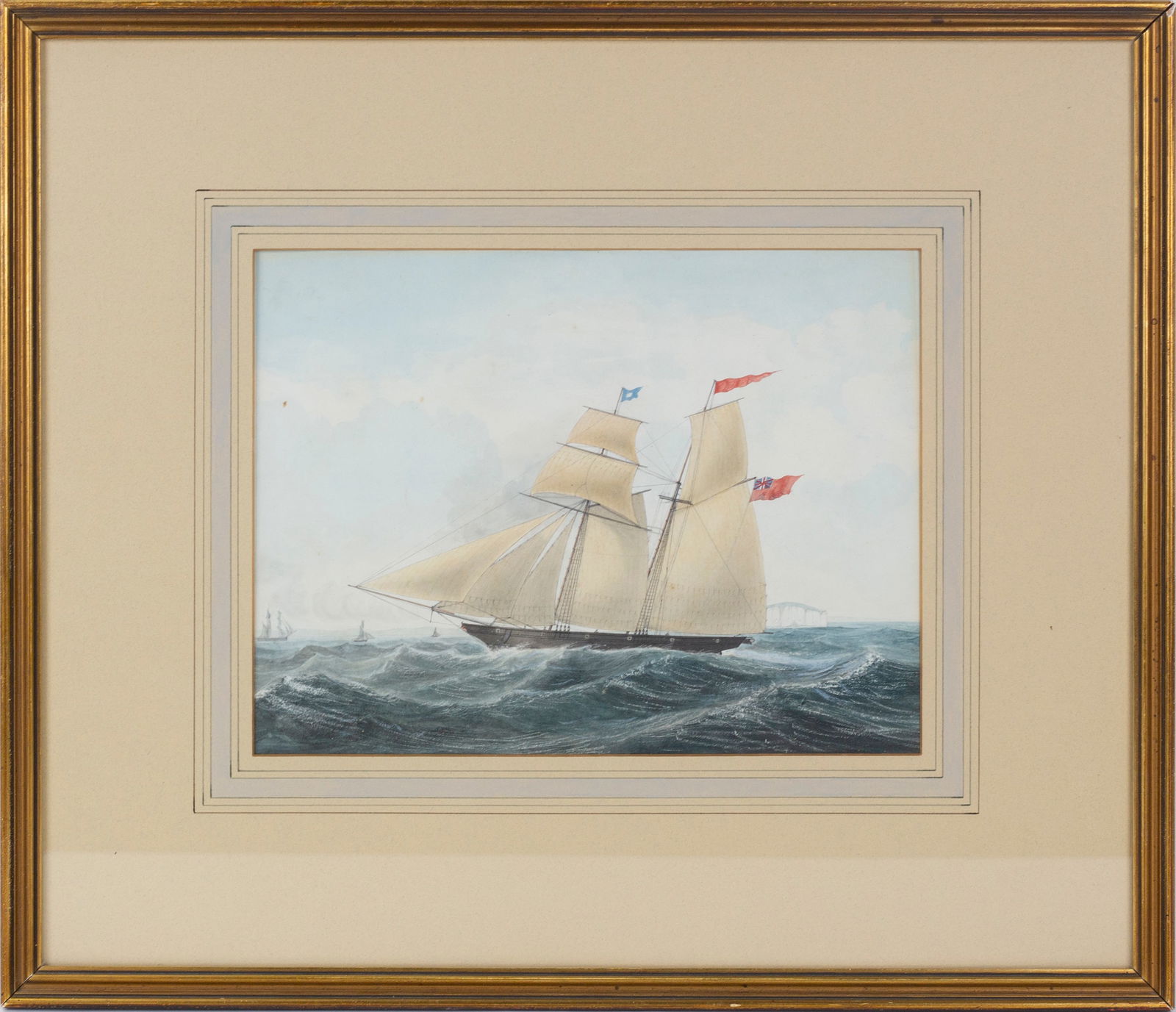 British School (19th Century): British Merchant Ship and Seascape.' A finely done gouache on paper. Initiated bottom right. Artist unidentified. 9 x 12; 18 1/4 x 21 1/4" (framed).