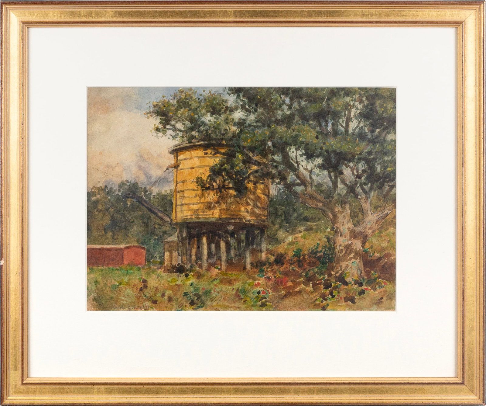 George Henry Clements (American, 1854 - 1935): 'Farm Watertower, Opelousas, Louisiana.' Watercolor on paper. Signed lower right. 10 x 14"; 18 1/2 x 22 1/2" (framed).