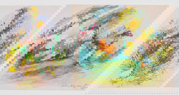 William Meyerowitz (Ukrainian - American, 1887 - 1981): Two Abstract Landscapes (Florida)'. Largest: pencil, pen, and watercolor on paper. 9 1/2 x 11 3/4"; smallest: brown ink and pastel on paper. Both are signed at the bottom right.