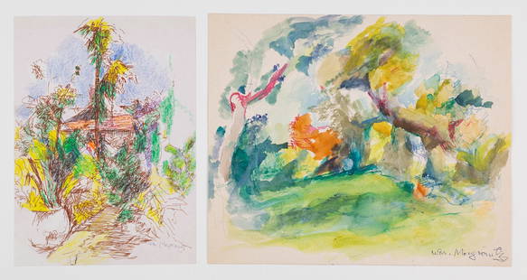 William Meyerowitz (Ukrainian - American, 1887 - 1981): Two Abstract Landscapes (Florida)'. Largest: pencil, pen, and watercolor on paper. 9 1/2 x 11 3/4"; smallest: brown ink and pastel on paper. Both are signed at the bottom right.