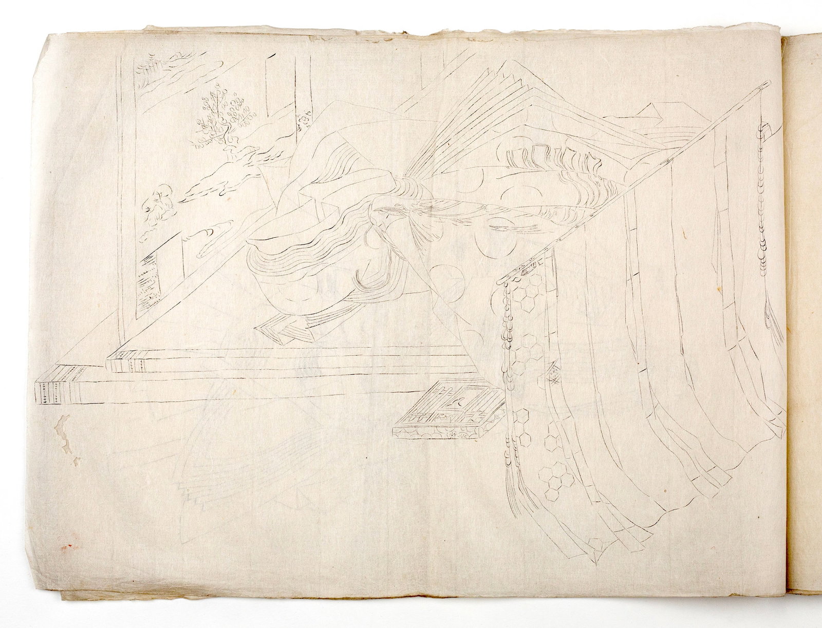 Japanese Edo Period Sketchbook: This bound set of pages, an accomplished Edo-period sketchbook, contains ink studies of figures from 'The Thirty-Six Immortal Poets'. This sketchbook is arguably attributable to Nakayama Osayoshi’s 