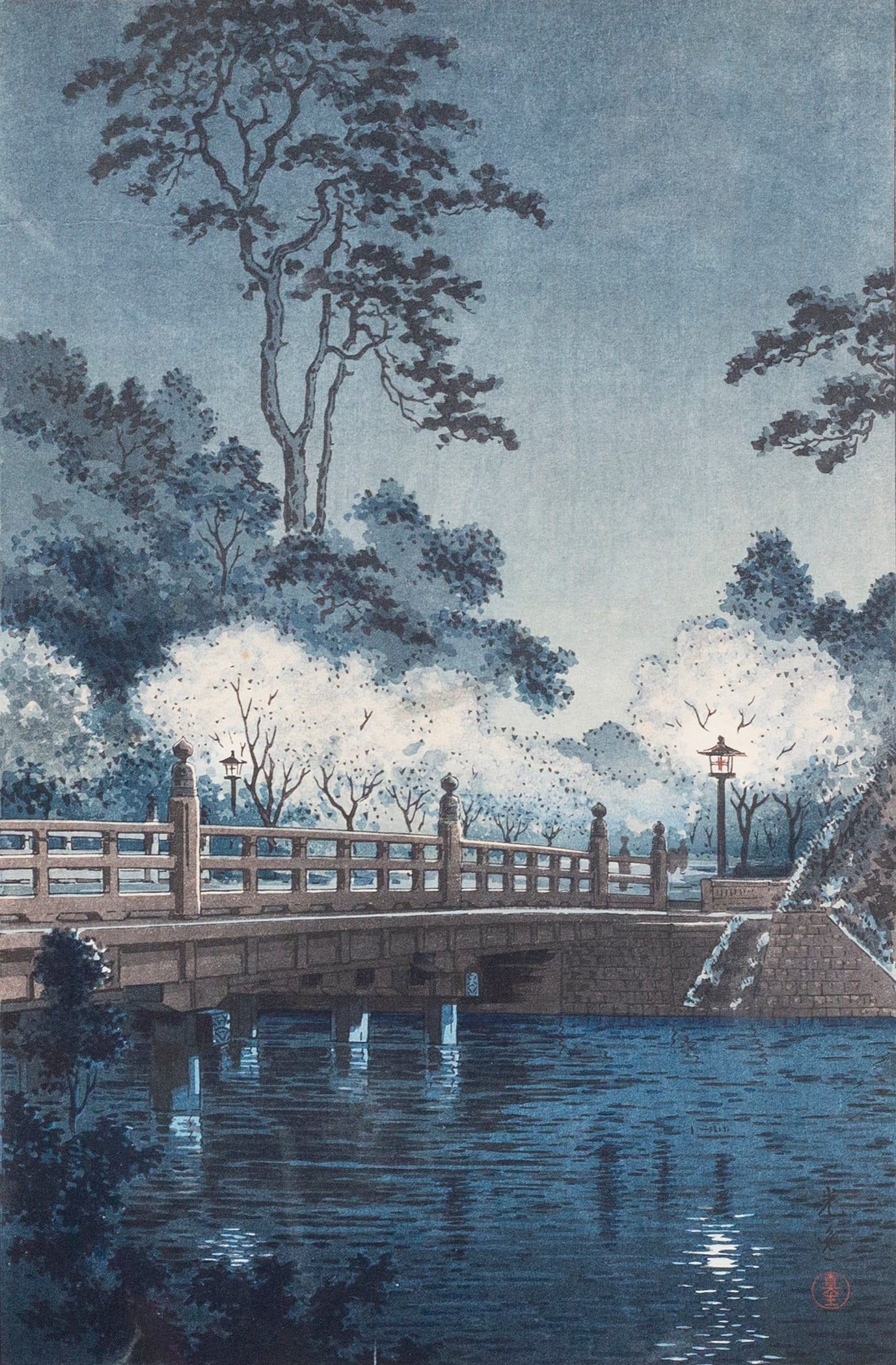 Tsuchiya Koitsu (Japanese, 1870 - 1949): 'Benkei-bashi (Benkei Bridge).' 1933. Woodblock print. From the 'Views of Tokyo' series. Matted and framed. 14 x 9 1/2"; 20 3/4 x 15 3/4" (overall).