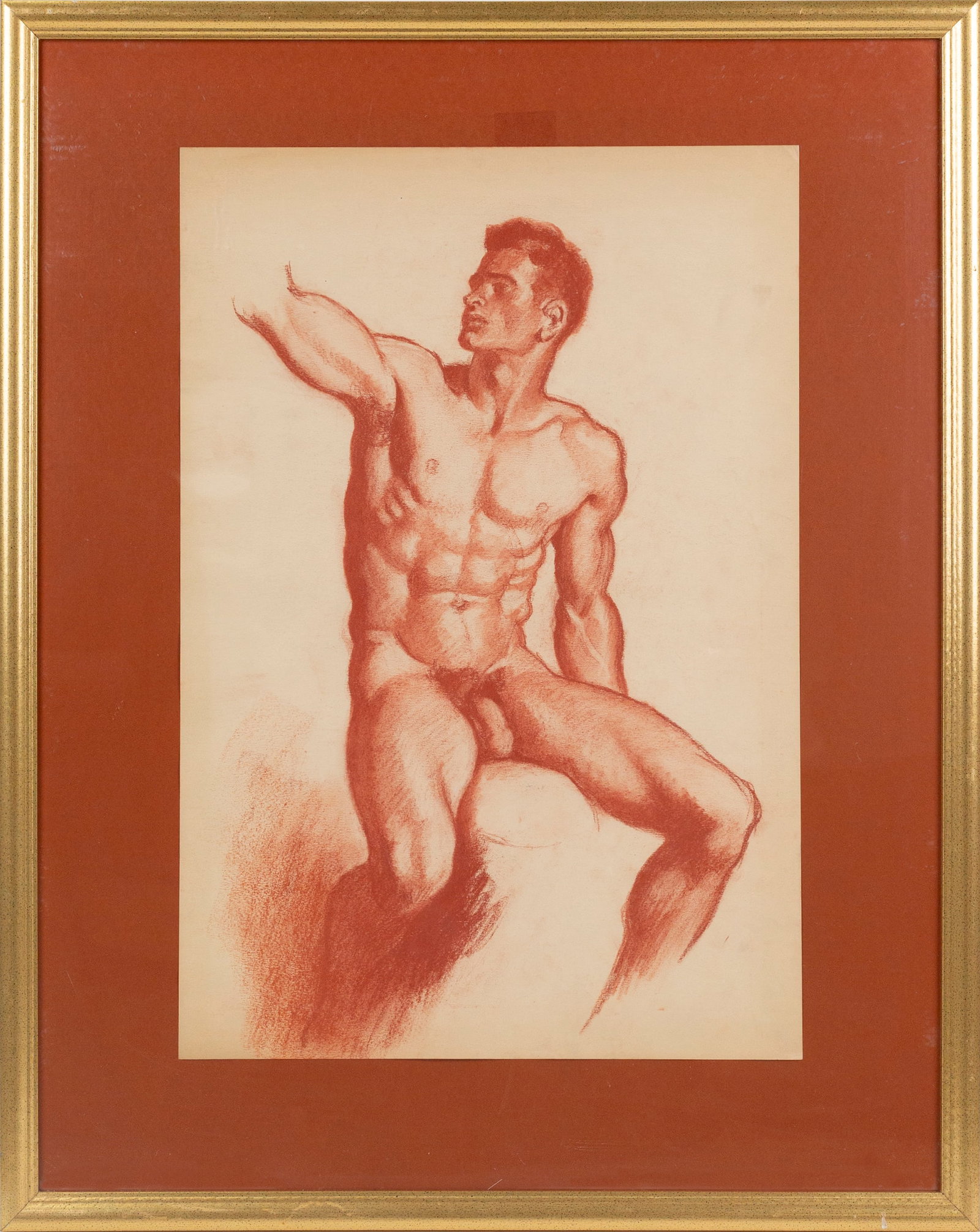 Alvin R Raffel (American - Ohio, 1905 - 1987): 'Classical Pose Three Quarter Seated Figure.' Red chalk on paper. 22 1/2 x 15"; 29 1/2 x 24" (overall). Provenance: The estate of the artist was sold at Apple Tree Auctions in Ohio in 2005.