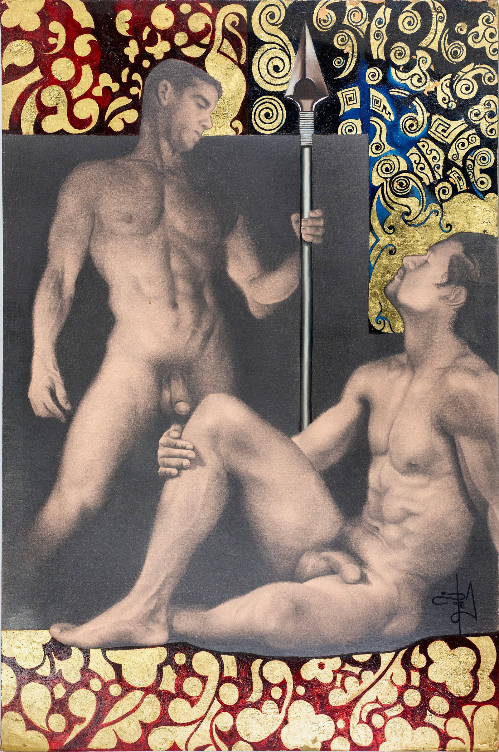 Sonia Melara (El Salvadorian - American, b. 1960): "Achilles and Patroclus." Black pencil, oil, and gold leaf on board. Signed on the bottom right. 40 x 27". Exhibitions: Dowling College, "Mythos, Pathos, Thanatos: Figurative Work by Sonia Melara." Ma