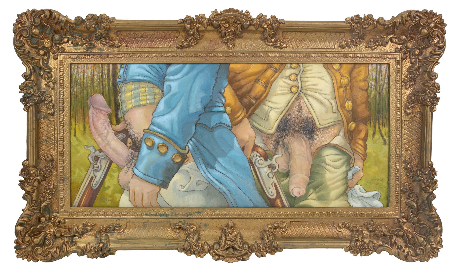 Joseph Radoccia (American, New York, b.1961): "Aaron Burr and Alexander Hamilton." (A queer reimagining of the infamous duel.) Oil and graphite on panel. Signed bottom left. Identified further on the back. 13 x 29"; 22 x 36" (overall, sighted).