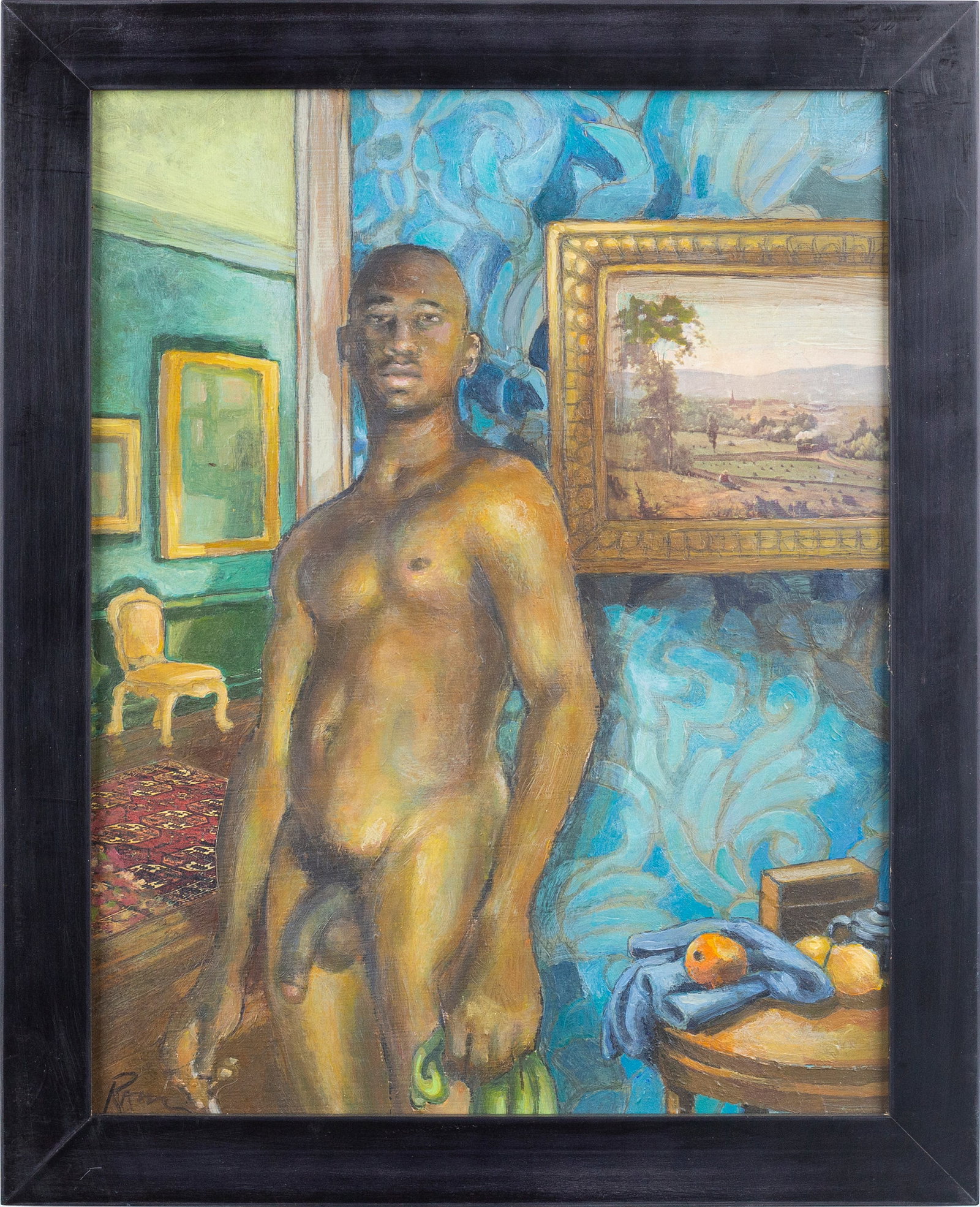 Joseph Radoccia (American, New York, b.1961): 'Nude Male Posed in Elaborately Decorated Room.' Acrylic, graphite, and collage on panel. Signed on the front bottom left. 13.5 x 10.5"; 16 x 13" (overall). Framed.