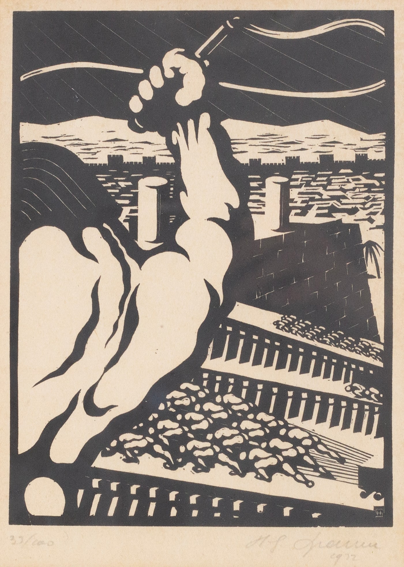 Harry G. Spanner (American, 20th Century): "The Whip." Linocut. Edition of 100. Editioned at bottom left, signed at bottom right. Titled on verso. 9 x 6 1/2" 13 x 11" (overall). Framed.