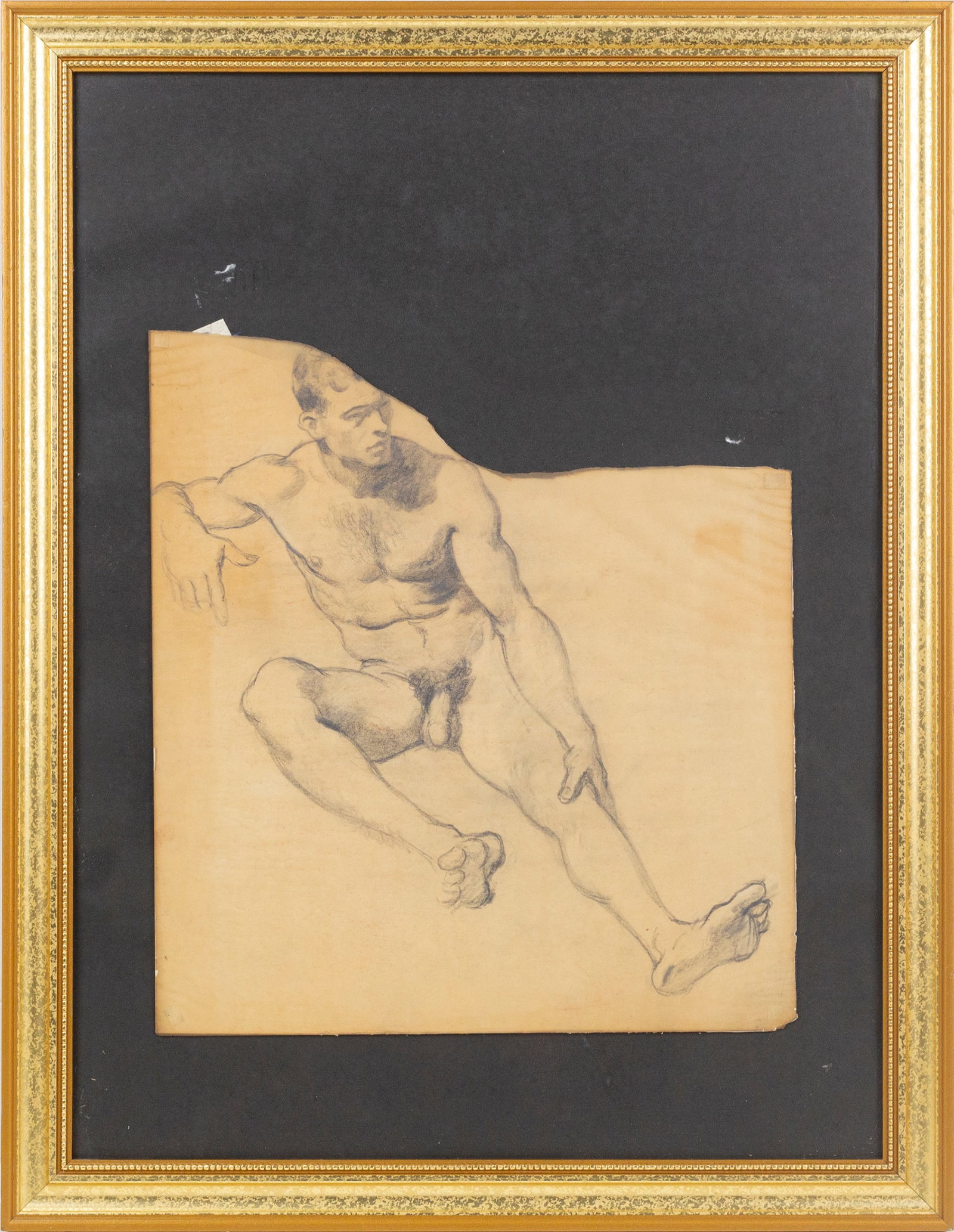 American School (20th Century): A framed excised fragment of a charcoal drawing. Artist unknown. Circa first half of the of the 20th century 15 x 13 1/2"; 26 1/2 x 20 1/2" (overall). Framed.