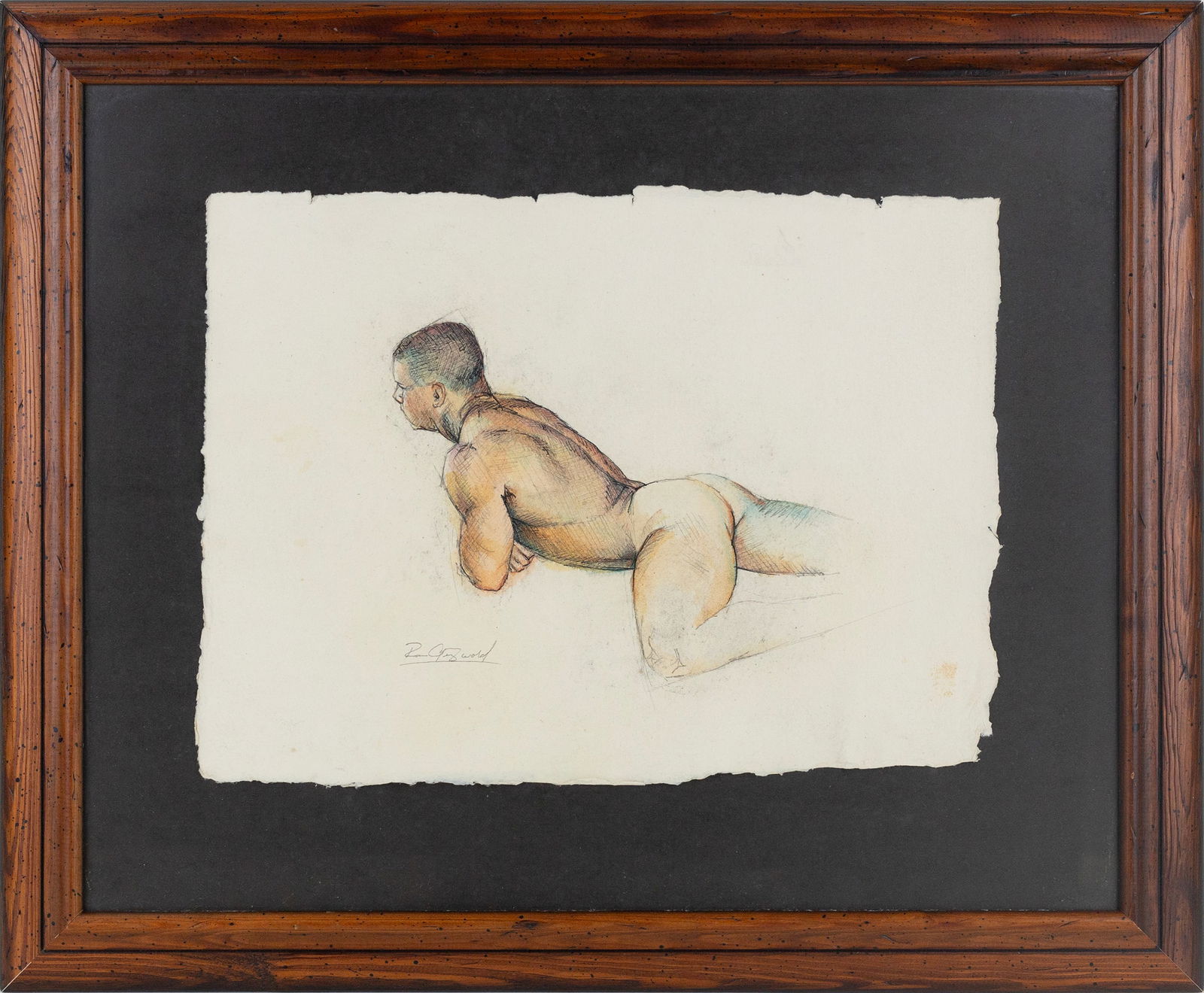 Ron Griswold (American, 20th - 21st Century): 'Figure Study Laying on Stomach.' Watercolor and pen on paper. 18 3/4 x 23" (overall). Framed.