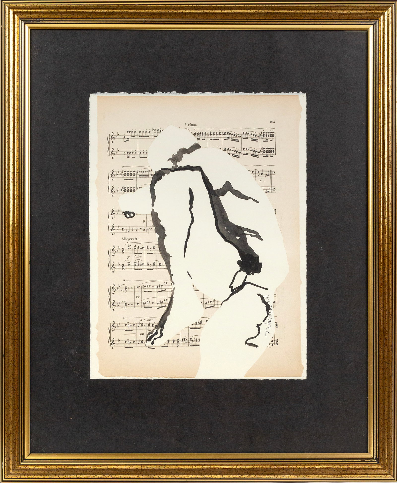 Tom Wagner (American, 20th - 21st Century): 'Primo.' 1997. Collage and ink on sheetmusic. Signed along figure. 13 x 10"; 21 x 18" (overall). Framed.