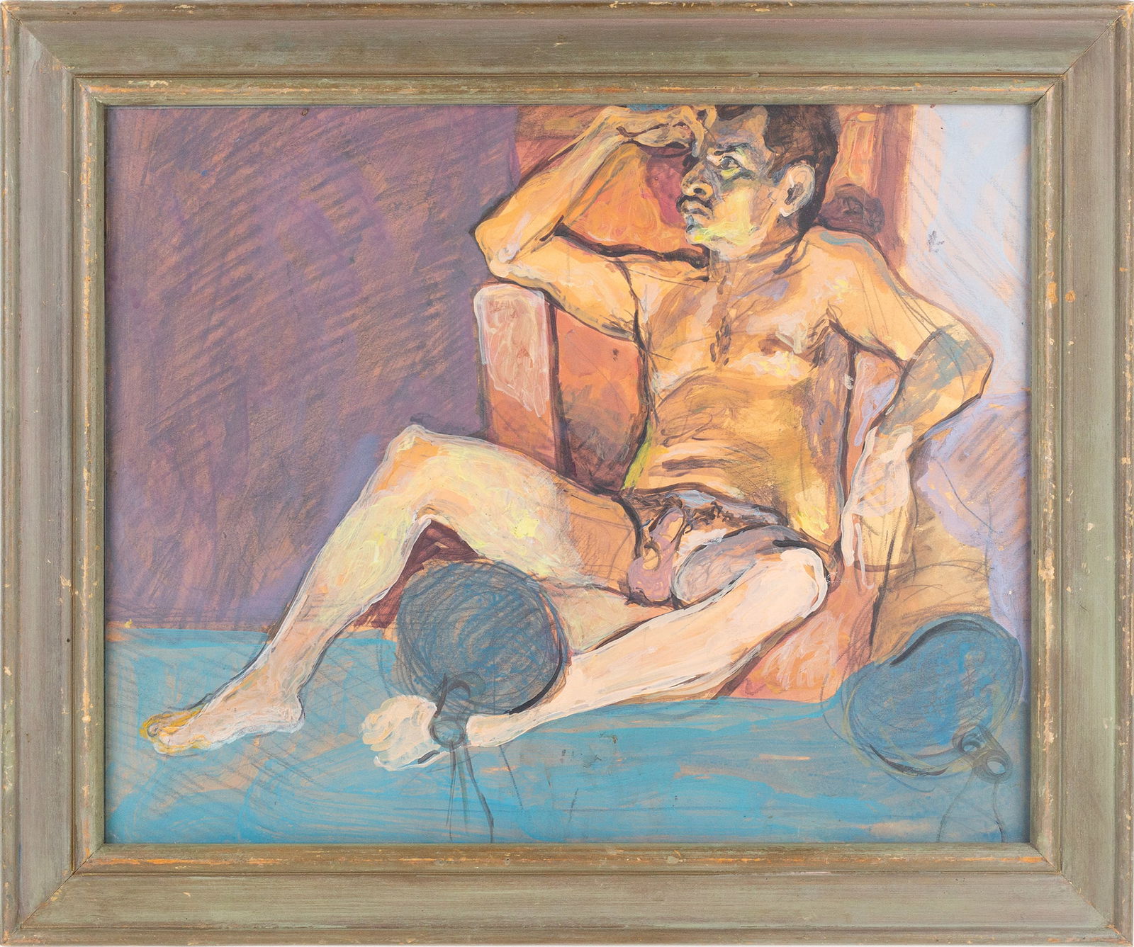 American School (Early - Mid 20th Century): 'Stern Man Reclined Nude.' Gouache on board. Unsigned. 16 x 20"; 20 x 24" (overall). Framed.