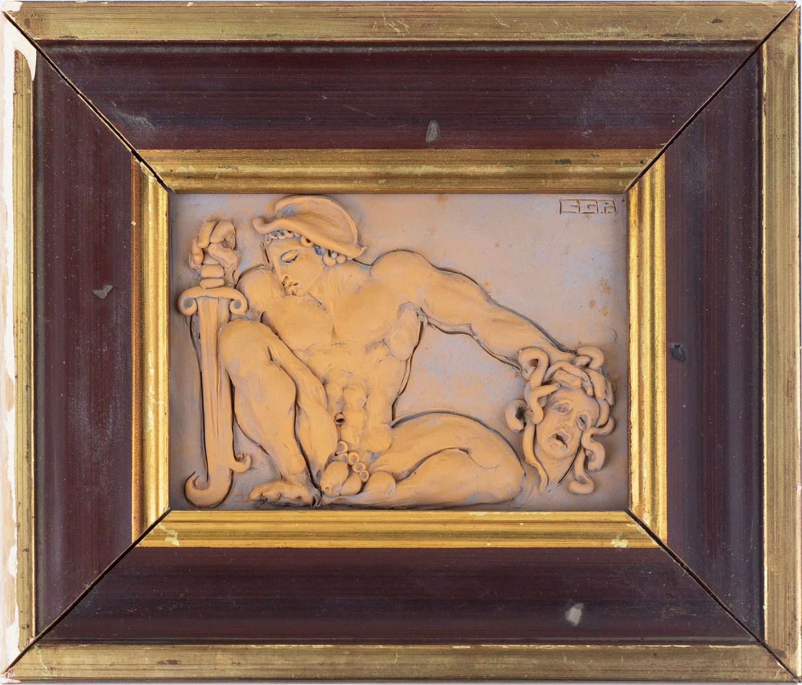 Campbell G. Paxton (American, b.1948): "Perseus Holding the Head of Medusa." Polymer clay bas-relief. Monogramed at top right. Titled on verso. 3 1/2 x 5"; 6 1/2 x 7 1/2" (overall).