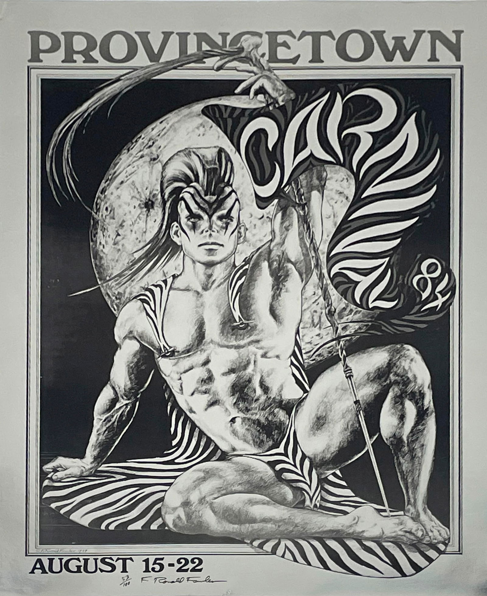 Provincetown Carnival Posteres (Signed): Five foil posters for Provincetown Carnival. Serigraphs on gold and silver foil. Years 1983, '84, '85, '86 and '96. The 1980 years are signed by artist F. Ronald Fowler, in editions of 200, 100 and 30