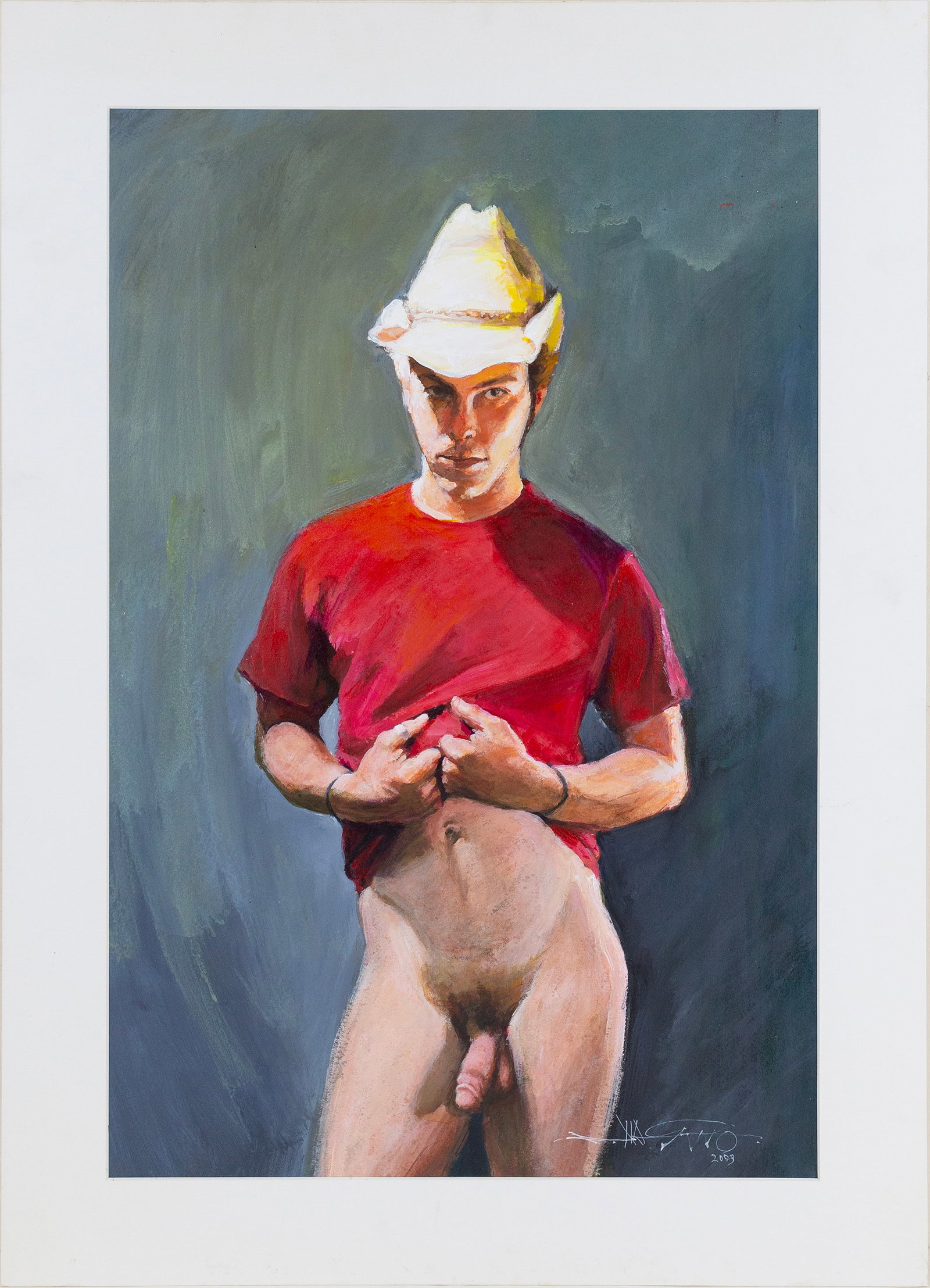 Shozo Nagano (Japanese, 1928 - 2008): 'Cowboy.' 2003. Oil on paper. Signed and dated at bottom right. 23 1/2 x 17"; 19 1/2 x 13" (overall). Matted.