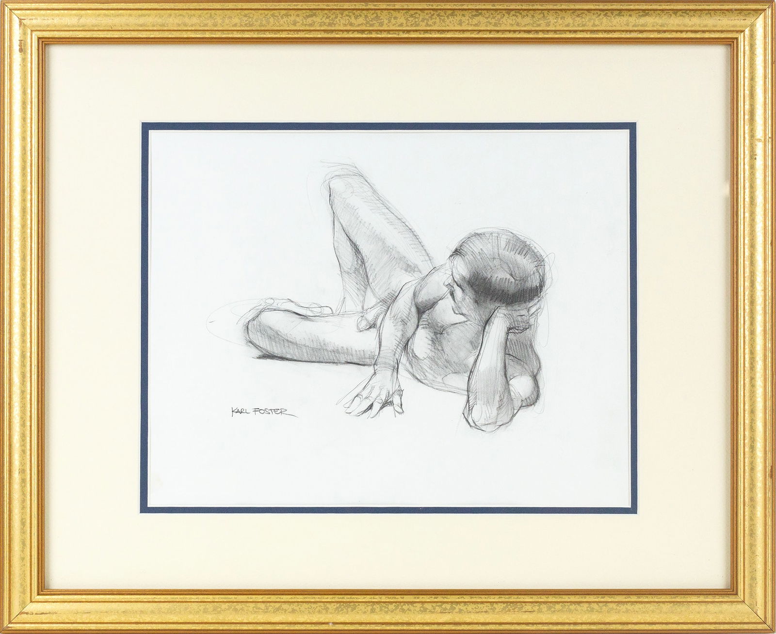 Karl Foster (American, b. 1933): 'Reclining Figure Contraposto' Charcoal on paper. Signed at bottom left. 11 x 14"; 18 x 22" (overall). Framed.