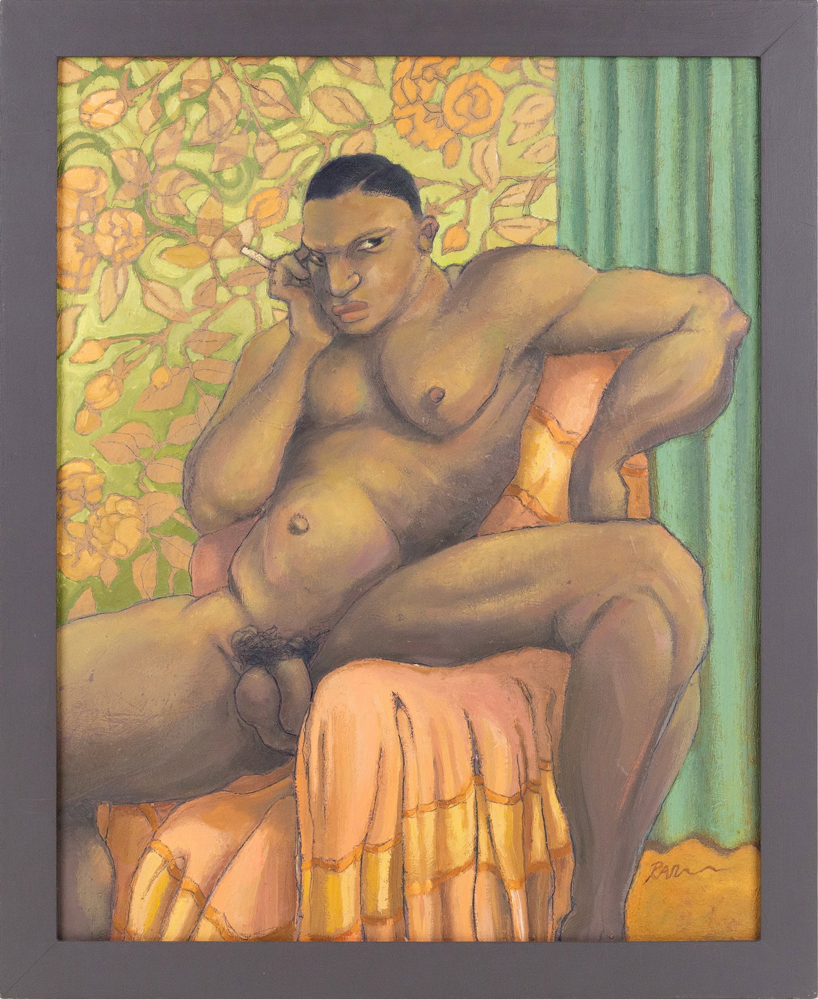 Joseph Radoccia (American, New York, b.1961): 'Nude with Cigarette in Chair.' Oil and graphite on panel. Signed at bottom right. 20 x 16"; 22 1/4 x 18 1/4".