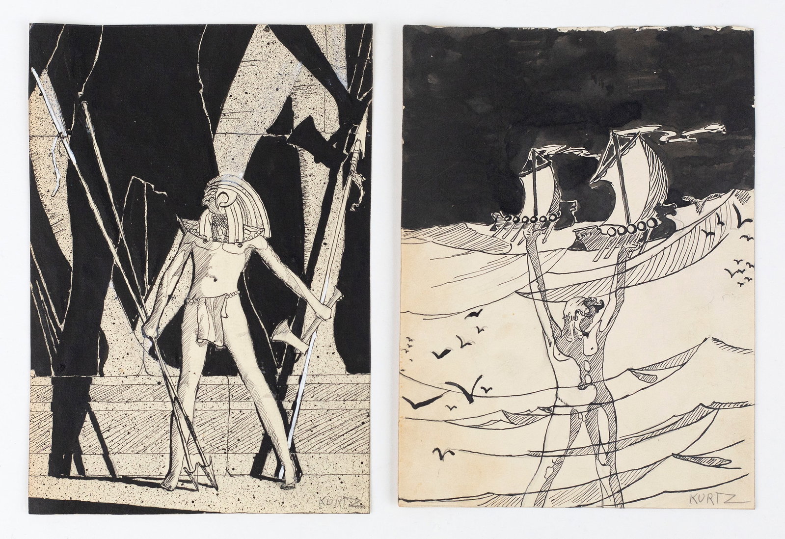 Benjamin Turner Kurtz (American, 1899-1966): Mythological and Intersex Drawings. Ink and gouache on paper. Circa 1930s. Signed bottom right. 7.5 x 5" (largest). These are likely preparatory sketches for Kurtz's bronze sculptures. They draw on Eg