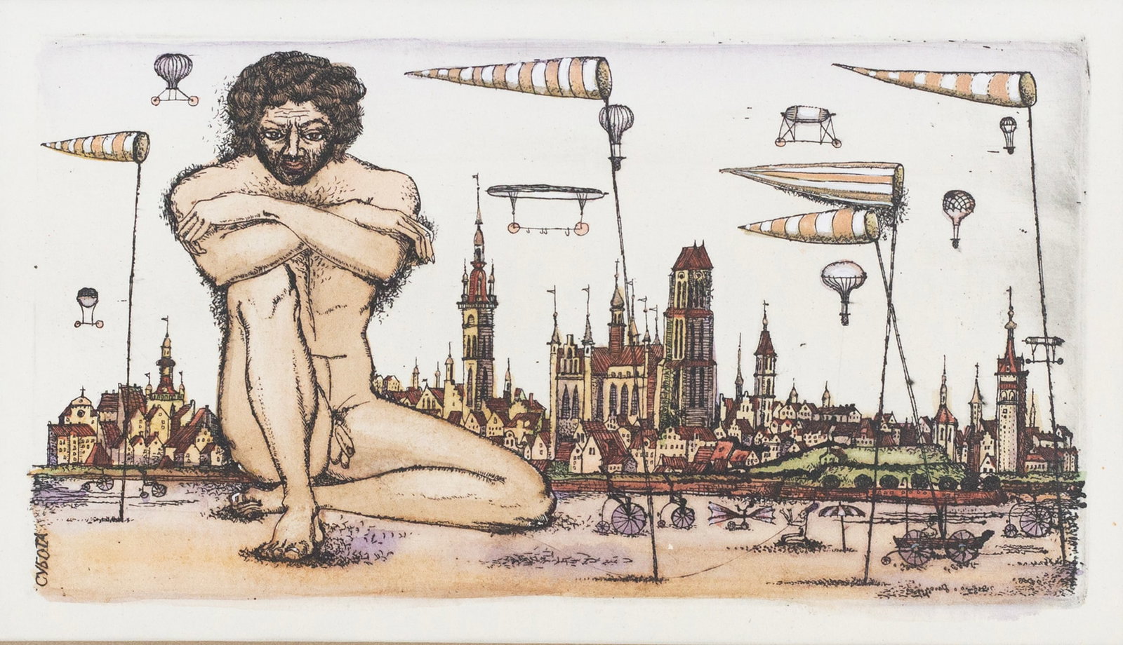 Lena Subota (Ukranian, b. 1962): 'Naked Giant, Hot Air Balloon Zeppelin'. Lithograph with color wash. Signed along the left-hand edge. 8 1/2 x 5"; 9 1/2 x 12" (overall). Framed.