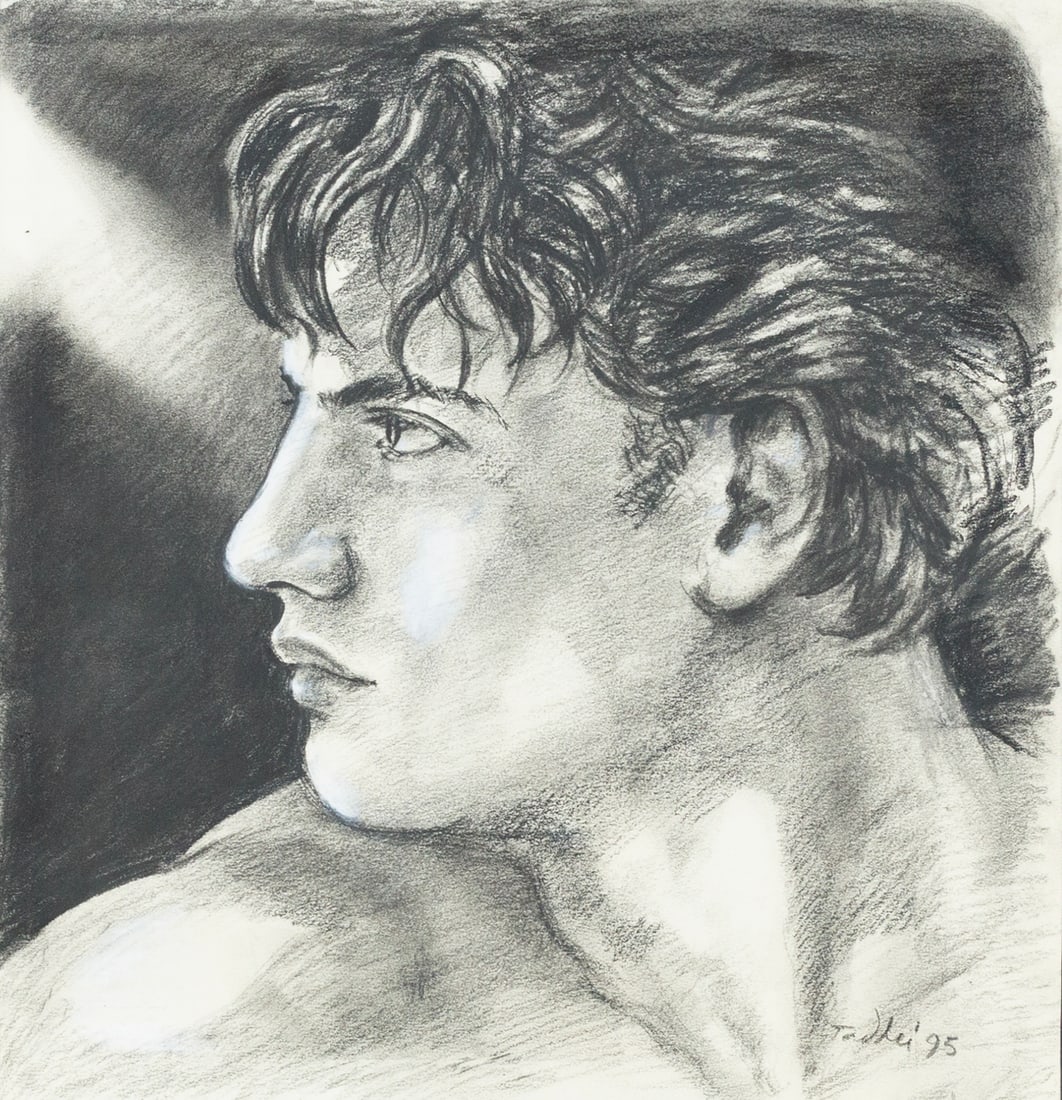 Richard Taddei (American - New York, b.1946): 'Profile' 1995. Charcoal on paper. Signed and dated bottom right. 14 x 13"; 21 x 17" (overall). Framed.