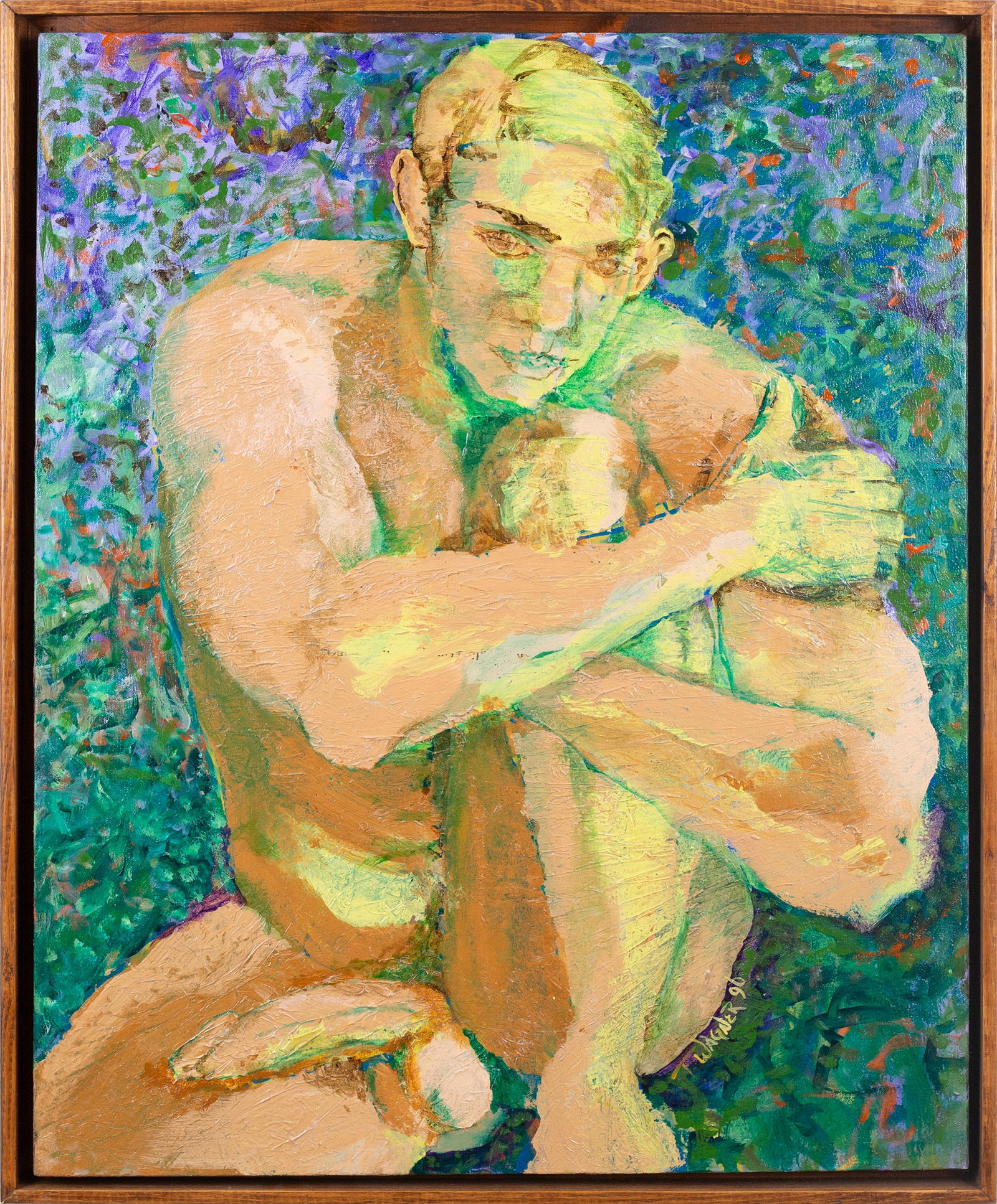 Tom Wagner (American, 20th - 21st Century): 'Figure Holding Knee.' 1990. Oil on canvas. Signed and dated along the knee of the figure, bottom right. 30 x 24"; 32 x 26" (overall). Framed.
