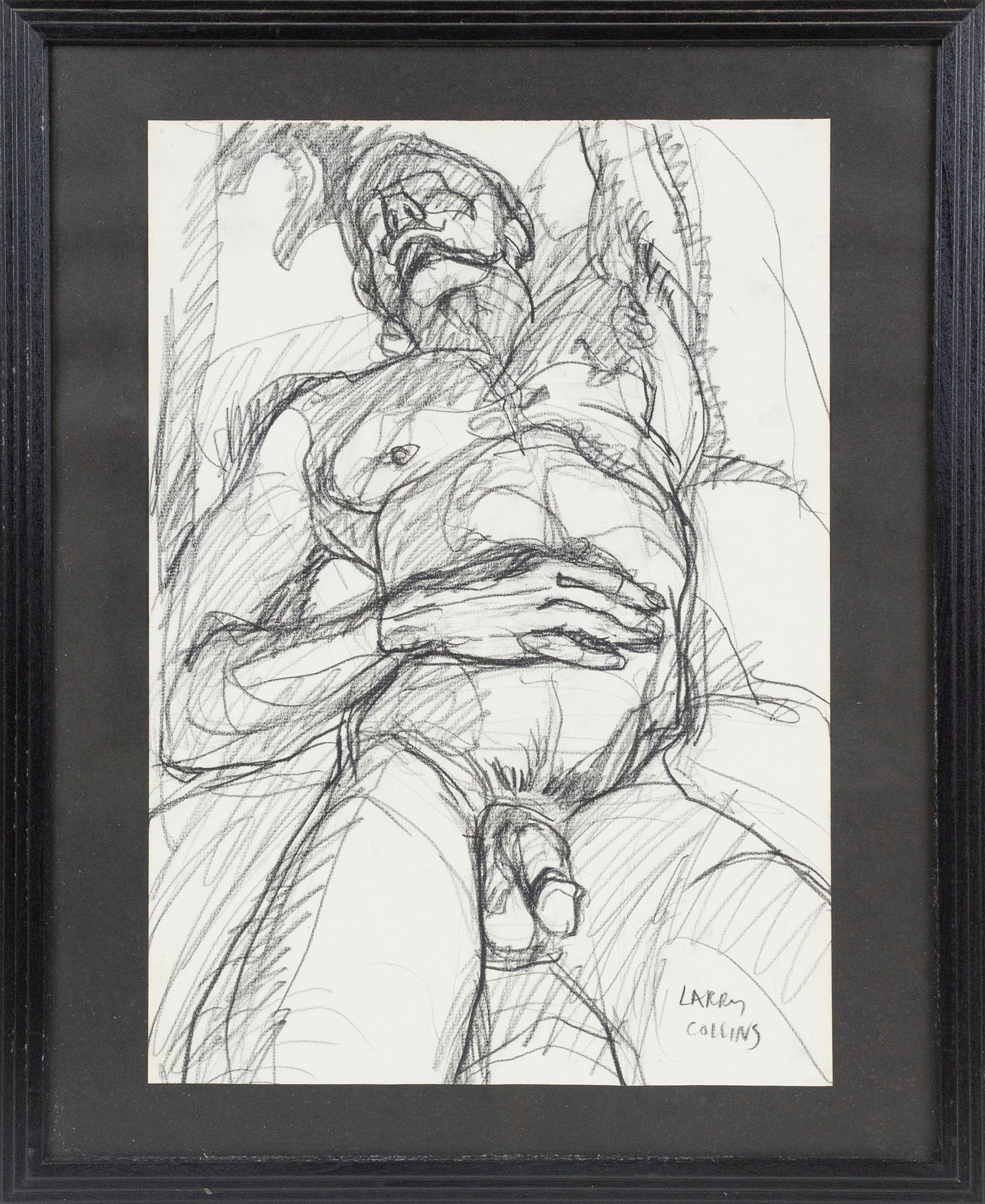 Larry R. Collins (American, b.1945 ): 'Reclining 3/4 Figure Study.' Charcoal on paper. Signed at bottom right. 17 x 12"; 22 x 18" (overall). Framed and matted. In 2010, the Provincetown Art Association and Museum held a retrospective of t