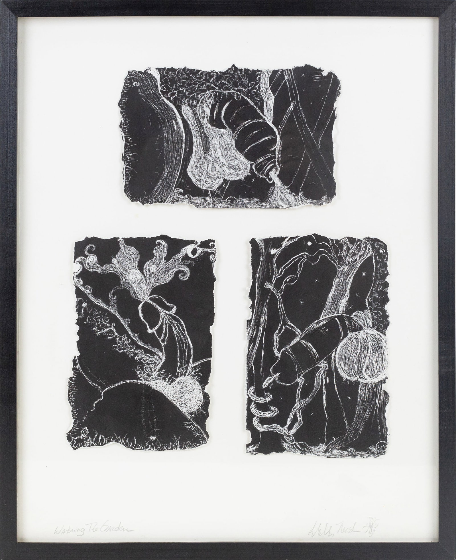 Phillip Nerestan (Haitian-American, 1965 - 2023): "Waking the Garden". Scratchboard on coated paper. Signed at bottom right illegibly. Titled bottom left. Signed and monogramed on verso. 15 x 12"; 21 x 17" (overall). Framed. "Mr. Nerestan’s art con