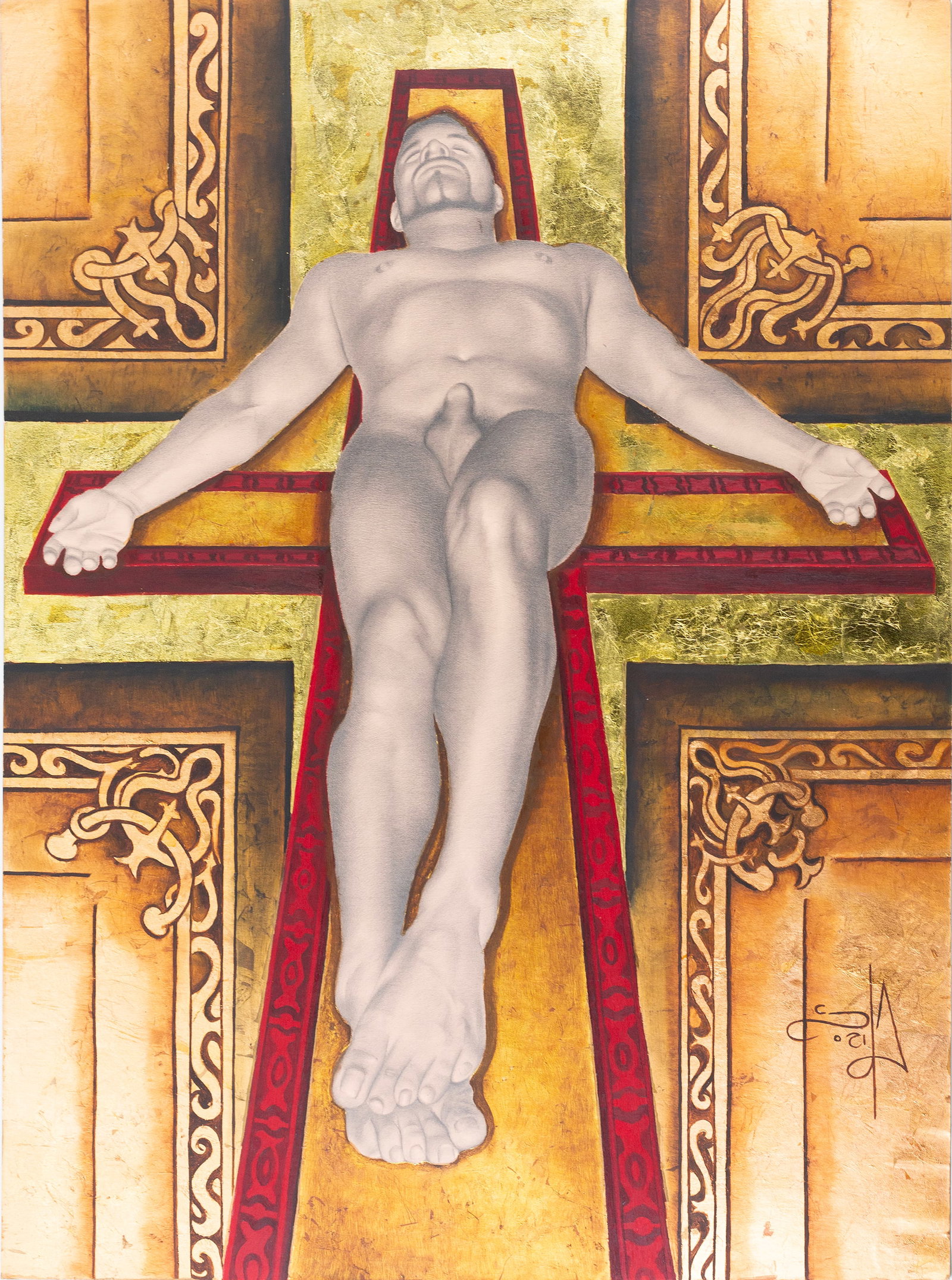 Sonia Melara (El Salvadorian - American, b. 1960): "The Cruxifiction." Mixed media including oil and gold leaf on board. Signed on right. 37 x 27 1/2". Exhibitions: Dowling College, "Mythos, Pathos, Thanatos: Figurative Work by Sonia Melara." March 20