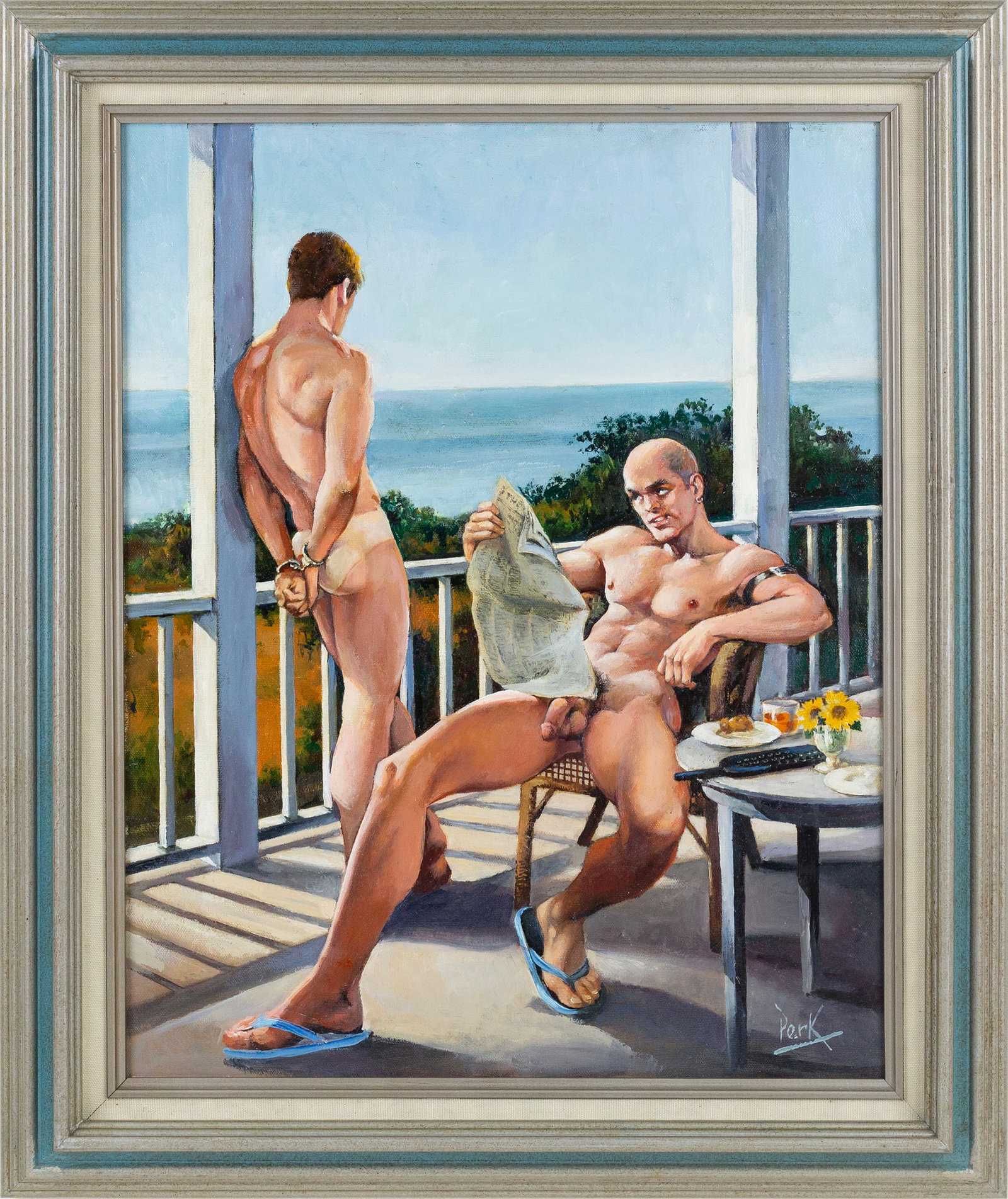 Darold Elliot Perkins (Perk) (American, 1921 - 2002).: "Summer Rental." 1998. Oil on canvas. Signed at bottom right "Perk". Labeled on the verso with title, date and dimensions. 20 x 16"; 25 x 21" (overall). Framed. After receiving a dishonorable discharg