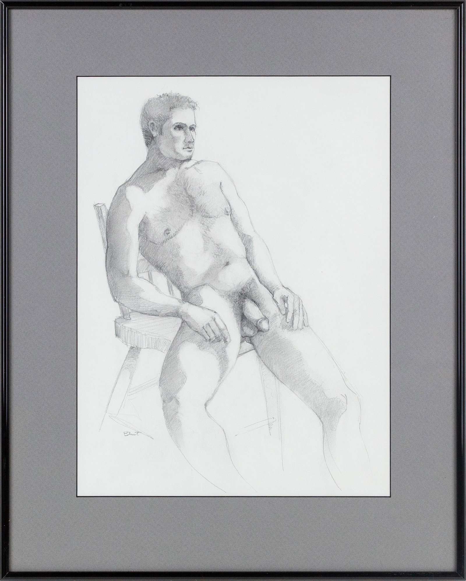 Earl Blust (American, Pennsylvania, 1932-2023): 'Study of Young Man Seated in Chair'. Graphite on paper. Signed at bottom left. 14 1/2 x 11 1/2"; 20 1/2 x 16 1/4" (overall). Framed.
