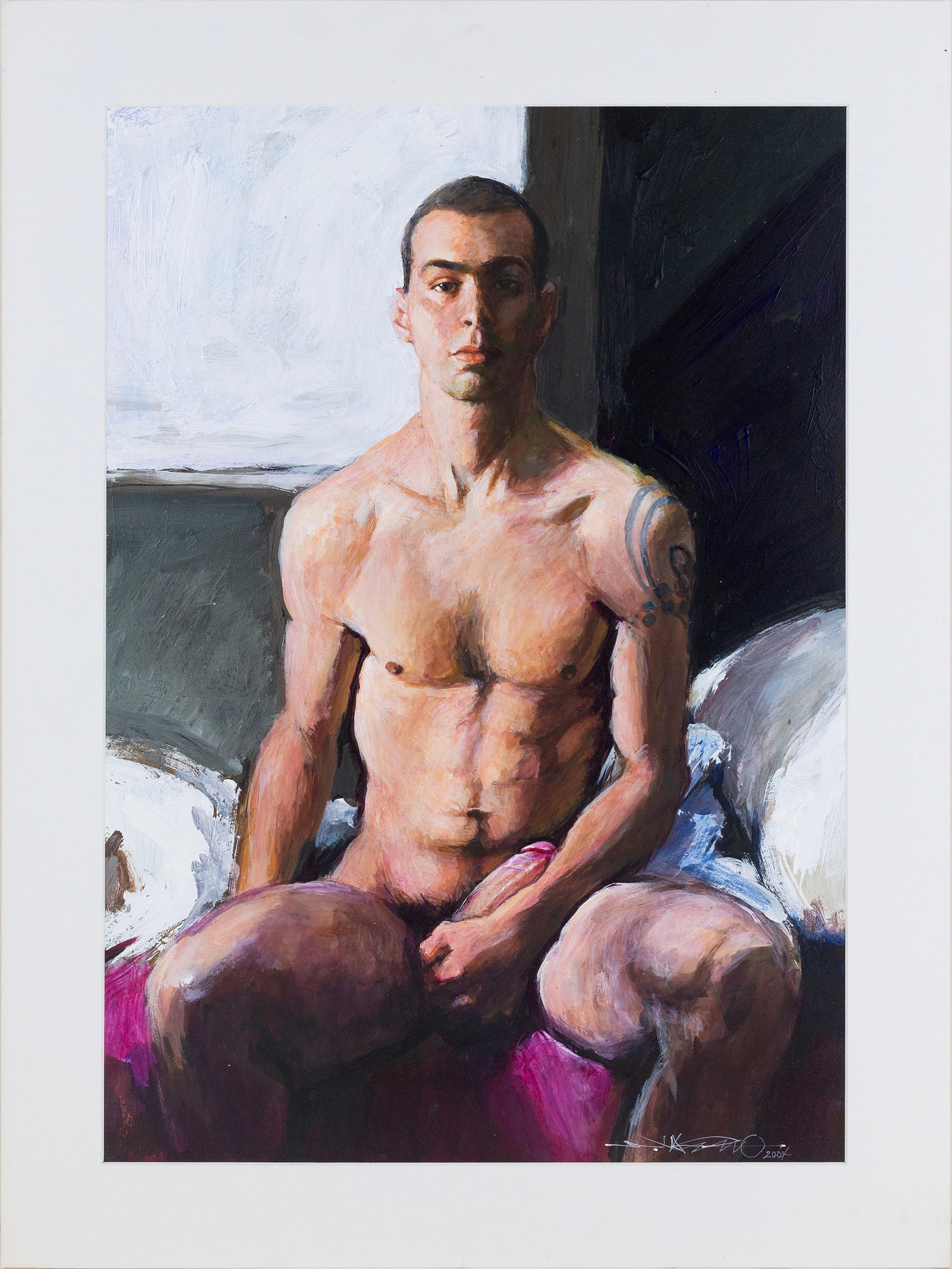 Shozo Nagano (Japanese, 1928 - 2008): 'Morning in Bed' 2004. Oil on paper. Signed and dated at bottom right. 19 1/2 x 13; 23 1/2 x 17" " (overall). Matted.