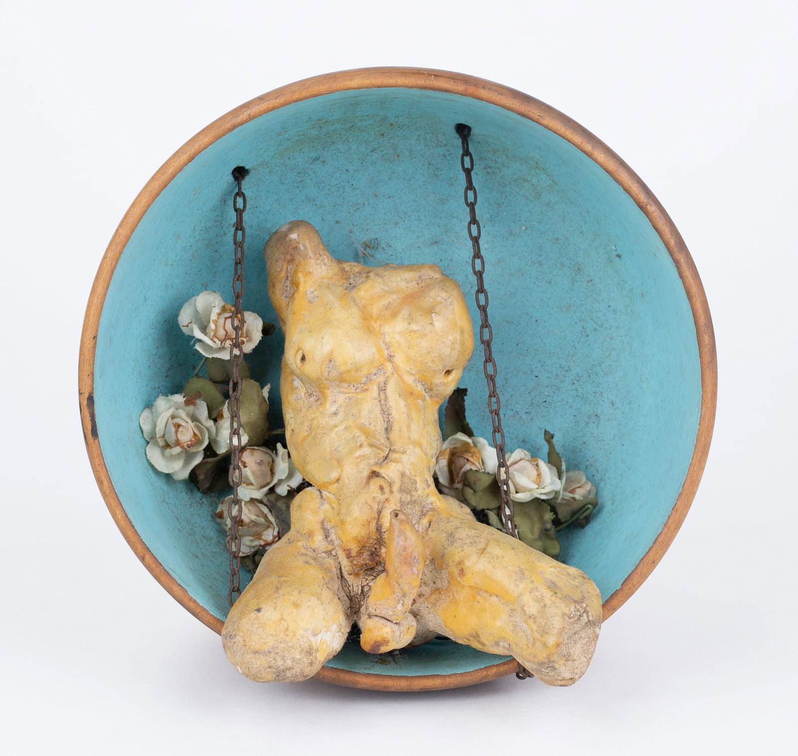 Joseph Radoccia (American, New York, b.1961): "The Swing" 1996. Ceramic, wood and mixed media. Signed, titled and dated on back. 6 1/4 x 6 1/4 x 3" (sight).
