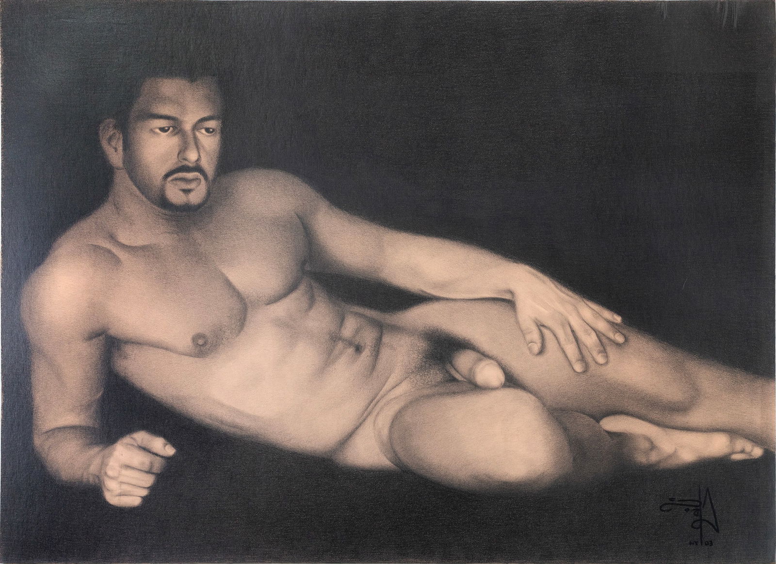 Sonia Melara (El Salvadorian - American, b. 1960): 'Reclining Nude Figure' 2003. Black pencil on warmtone paper on board. Signed and dated at bottom right. 26 1/2 x 35 1/2"