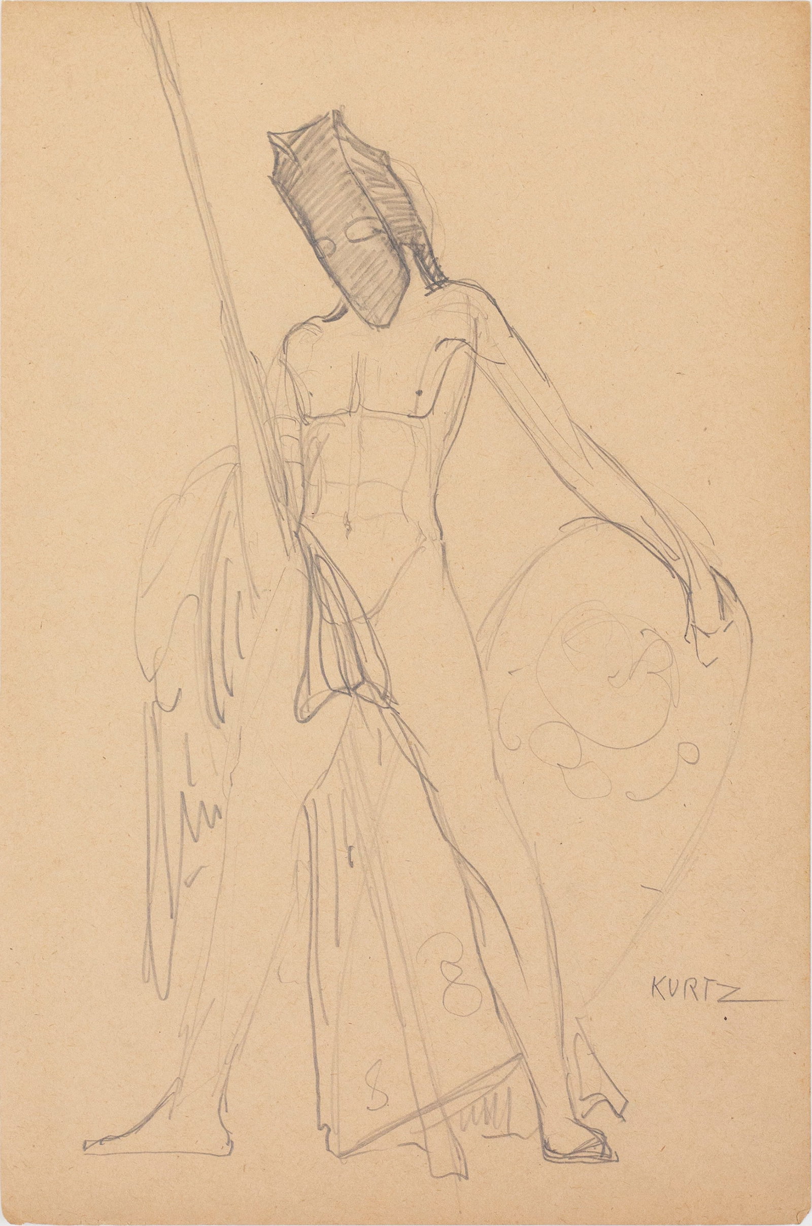 Benjamin Turner Kurtz (American, 1899-1966): 'Masked Warrior Figure.' 1920s. Graphite on paper. Signed at bottom right. 11 x 7 1/4" (overall).