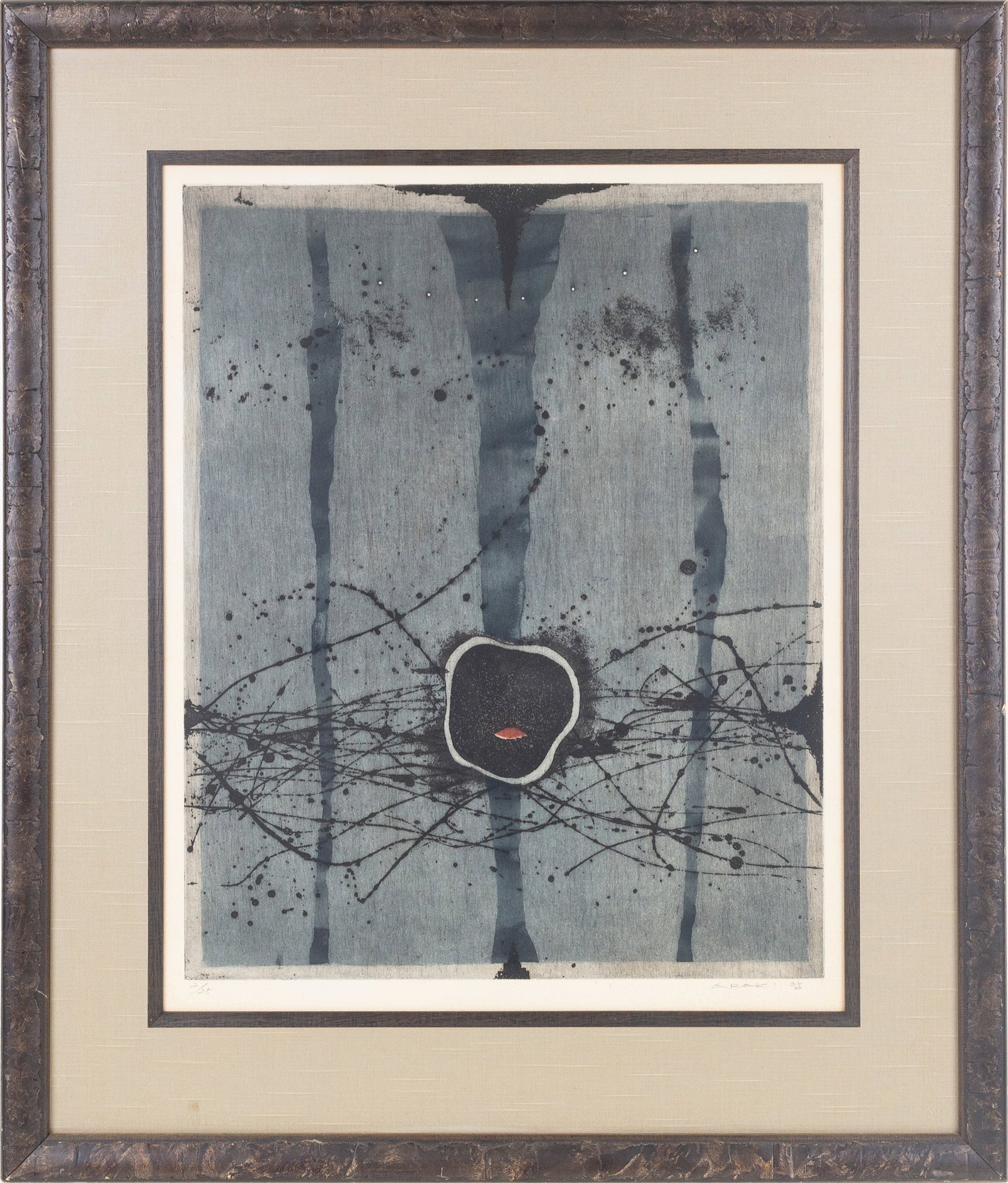 Tetsuo Araki (Japanese, 1937-1984): Abstract expressionist aquatint. Edition of 25. Signed on bottom right. 19 x 16"; 29 x 24" (overall). Framed.