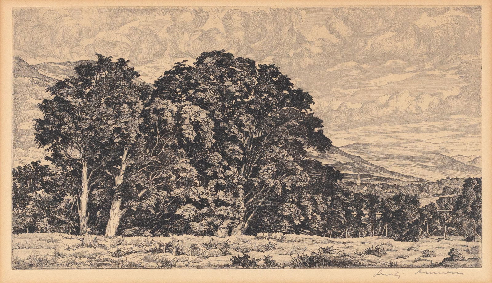 Luigi Lucioni (Italian-American, 1900-1988): "Clouds Over Manchester." 1941. Etching. Signed in pencil bottom right. 11 5/8" x 6 3/8"; 18 3/4" x 14 11/16" (overall). Framed.