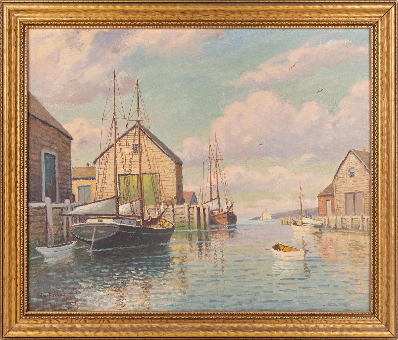 William Frederick Paskell (American, 1866-1951): "New Bedford (MA)." Oil on canvas. Signed on bottom right and titled on verso. 20 x 25"; 23.5 x 28.25" (overall). Framed.