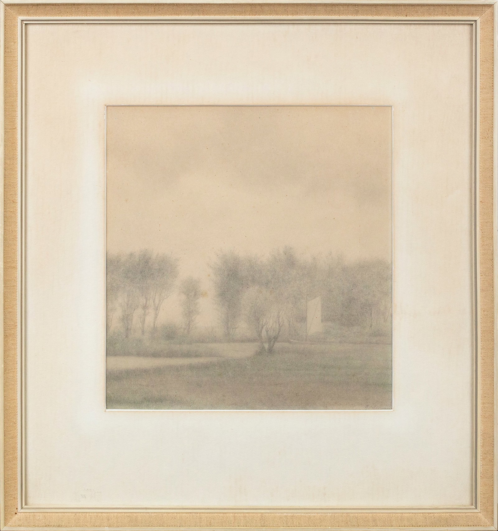 European School (20th Century): 'River Scene with Sail Boat.' Graphite. Signed lower right. Signature illegible. 8 x 7 3/4"; 13 3/8" (framed).