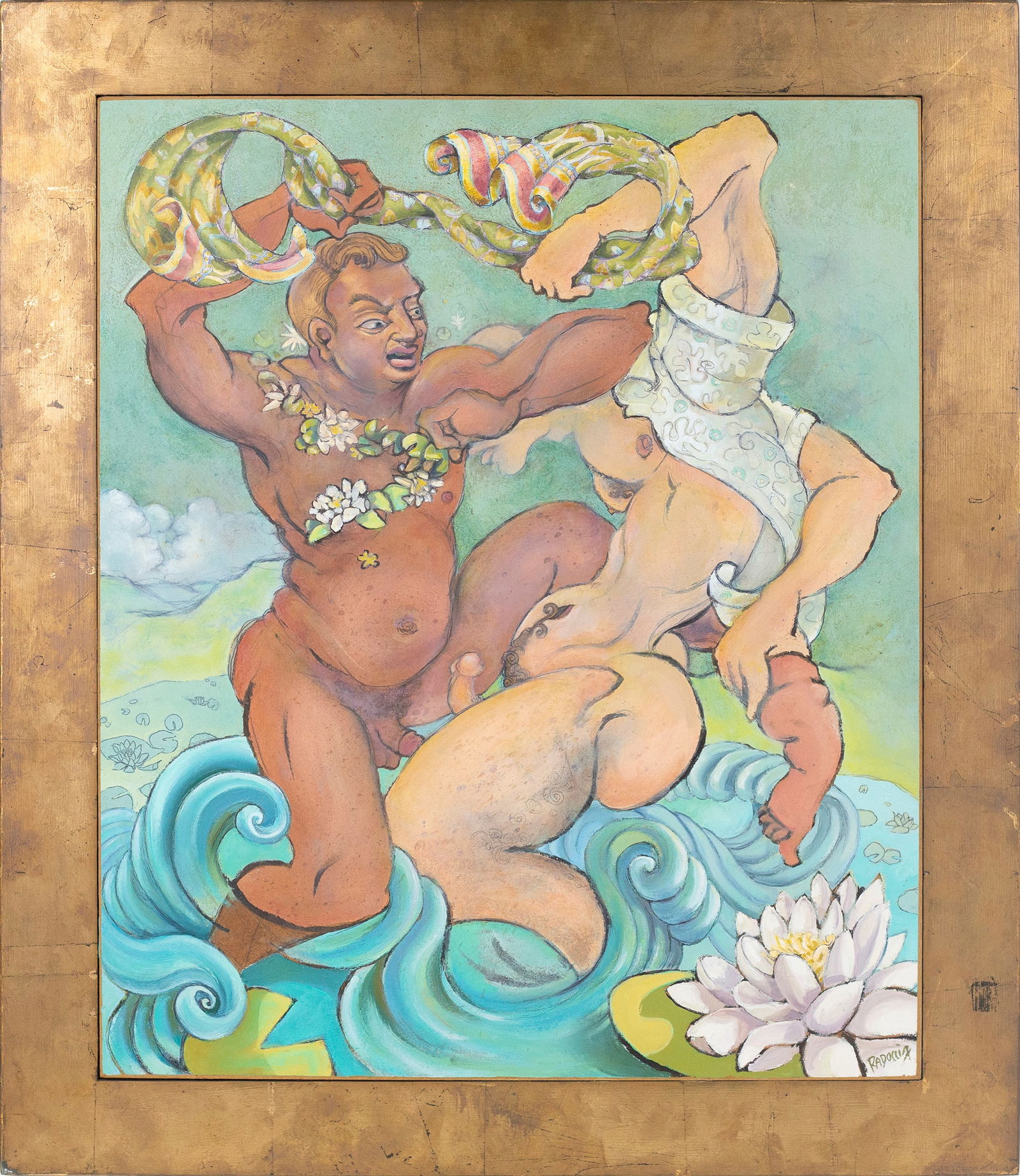 Joseph Radoccia (American, New York, b. 1961): 'Nudes in Lotus Pond.' Oil and graphite on canvas. Signed at bottom right. 24 x 20; 28 1/2 x 24 1/2" (overall). Framed.