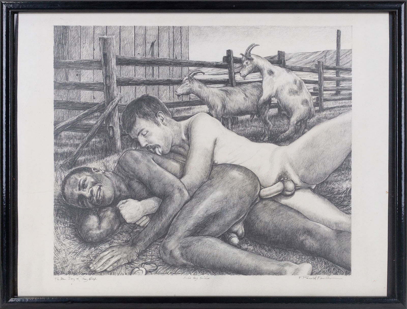 F. Ronald Fowler (American, 1946 - 2014): 'The New Joy of Gay Sex: Side by Side.' Graphite on paper. Signed and titled along bottom. 17 1/2 x 22 1/2"; 19 x 25" (overall). Framed. Literature: "New Joy of Gay Sex", 1993. Charles Silverstein. 19