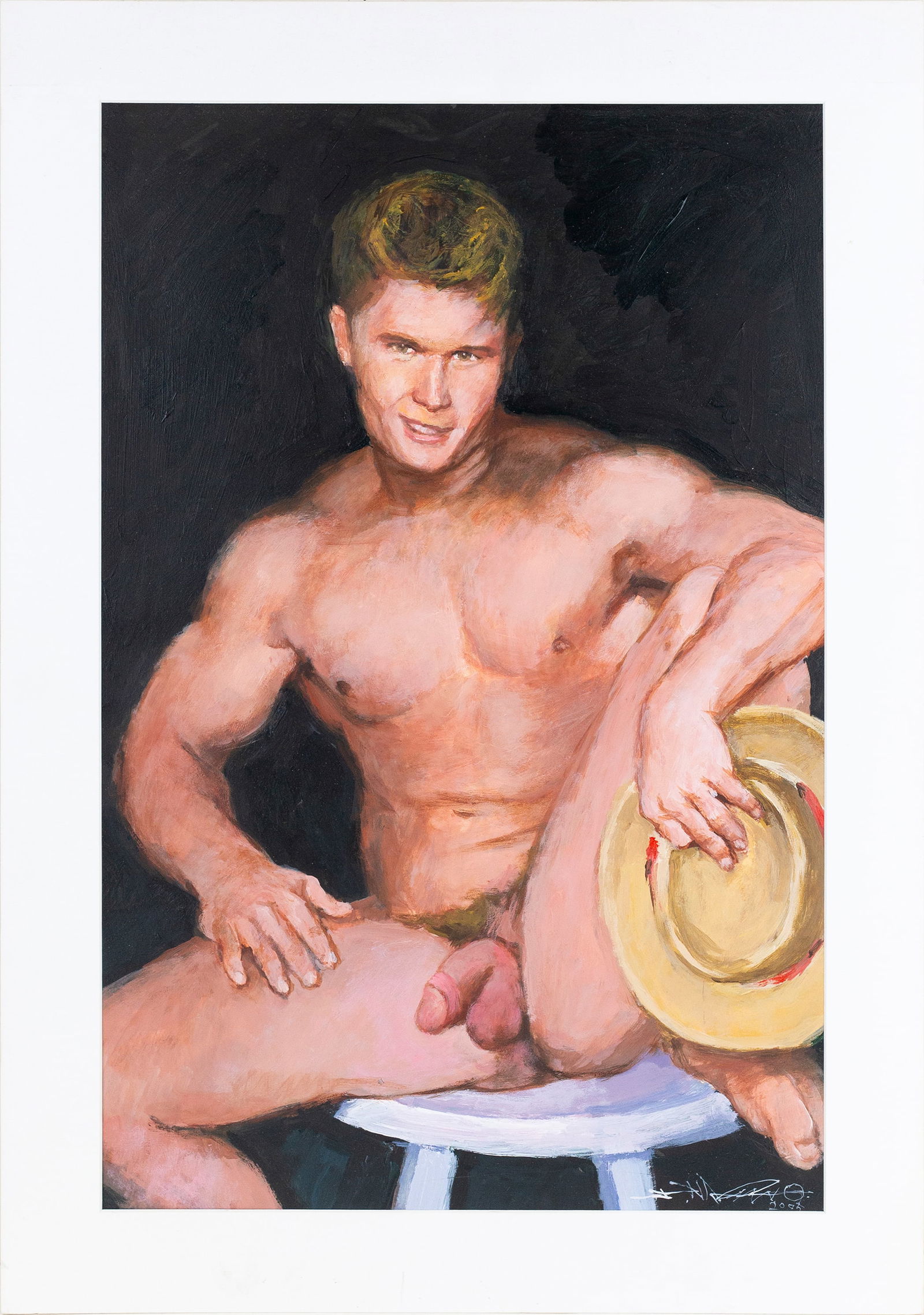 Shozo Nagano (Japanese, 1928-2008): 'Straw Hat.' 2005. Oil on paper. Signed and dated at bottom right. 21 1/2 x 15; 25 x 18" (overall). Matted.