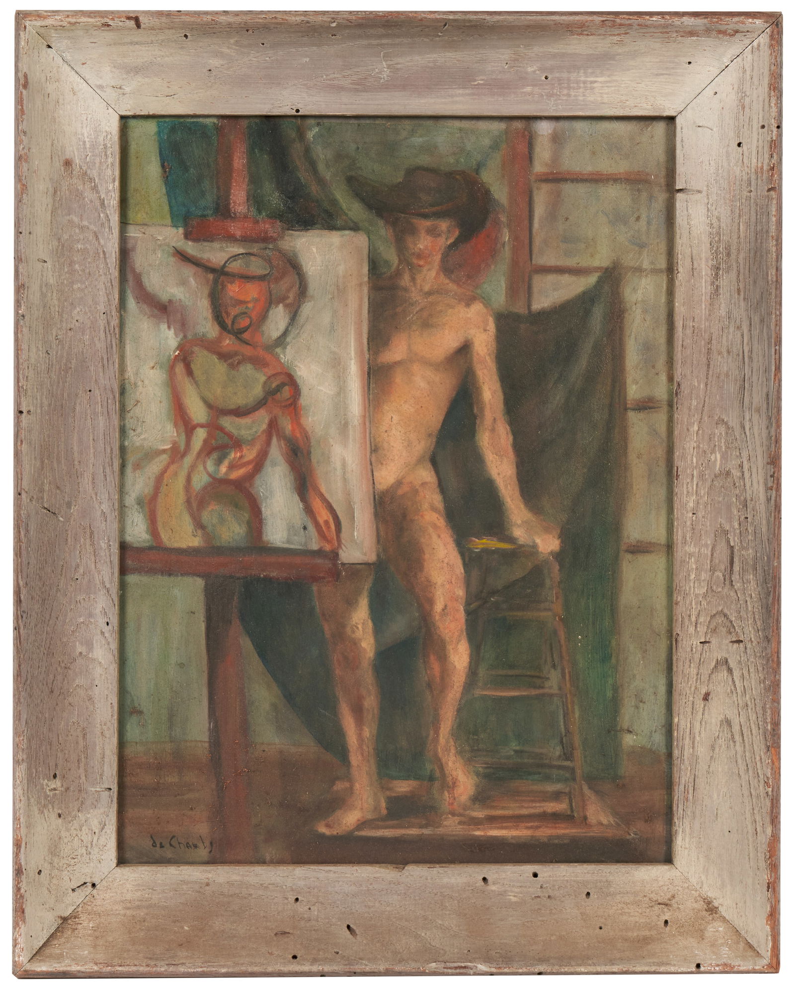 American or European School (20th Century): 'Nude Cavalier Abstractly Interpreted .' Circa 1950. Oil on masonite. Signed or inscribed on bottom right. Signed or inscribed verso (verso appears to be the signature). Signature illegible. 16 x 12";