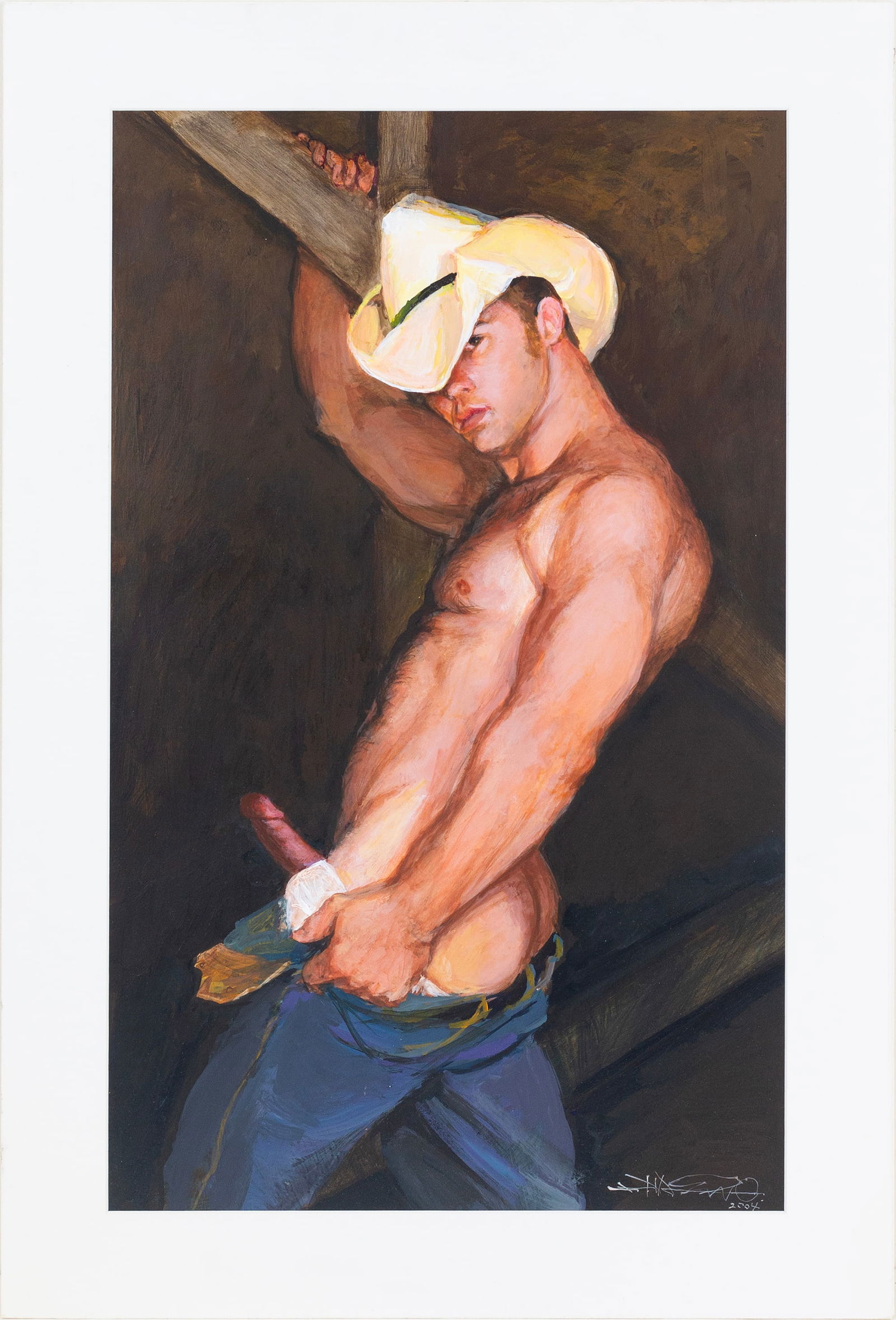 Shozo Nagano (Japanese, 1928 - 2008): 'Cowboy Standing.' 2004. Oil on paper. Signed and dated at bottom right. Signed and dated on verso. 20 x 13 1/2; 24 x 17 1/2" (overall). Matted.
