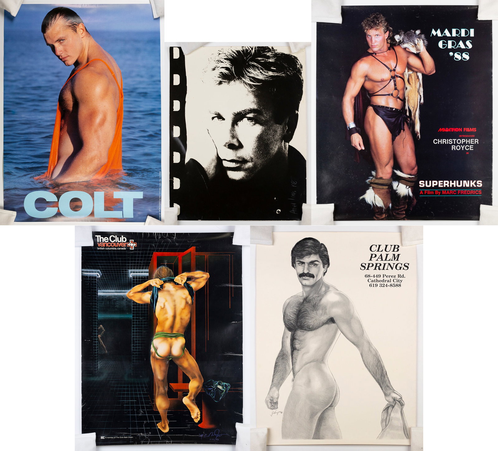 Gay Posters (20th Century): Rare poster for The Club Vancouver in B.C., Canada. c. 1982. Signature illegible; Poster for Club Palm Springs. Illustration signed J. Wayne. c. 1983; Poster of an unknown man, signed by Provincetown 