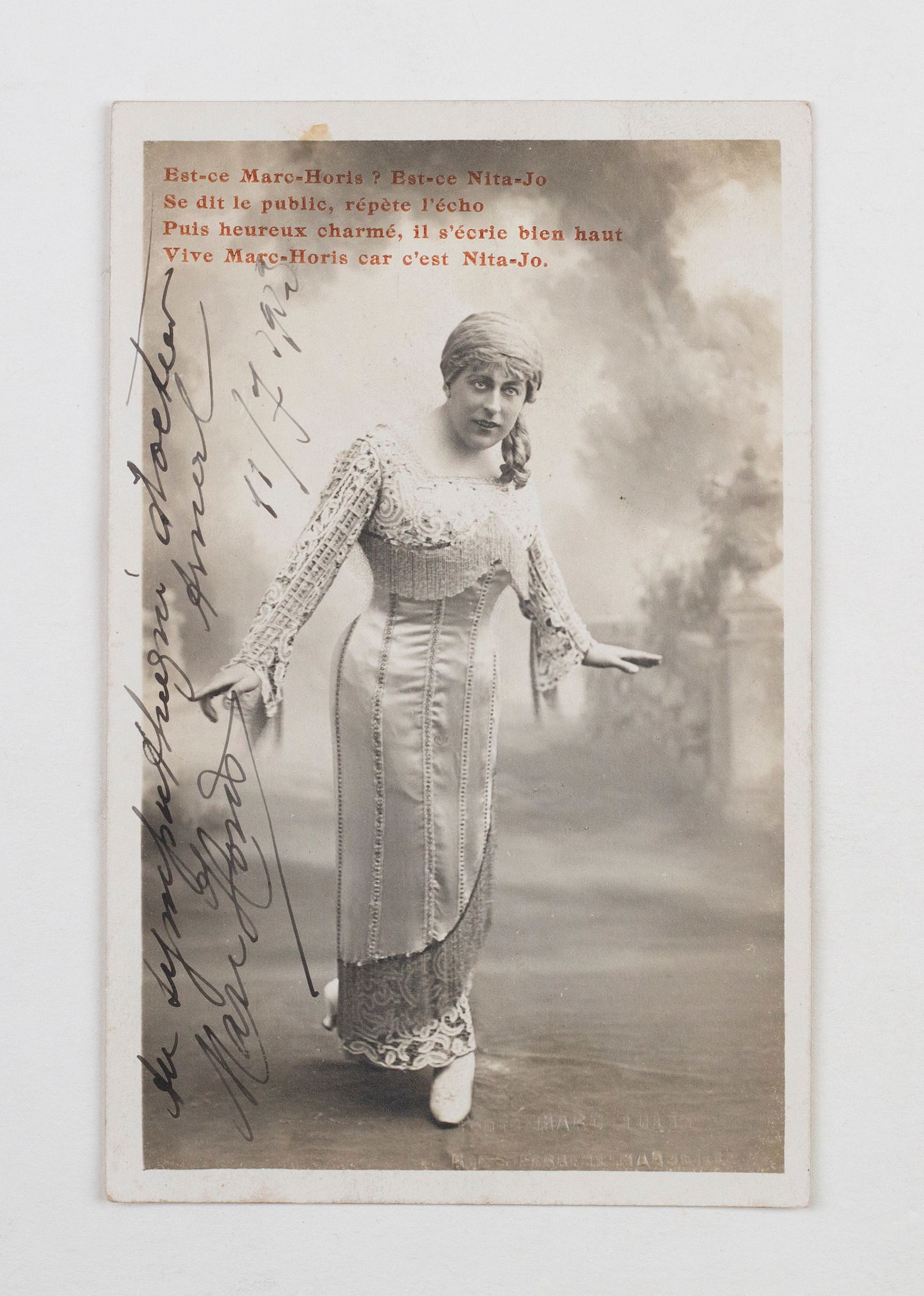 Postcard of Nita-Jo/Marc Horis (19th-20th Century): Signed postcard depicting sharpshooting crossdresser Nita-Jo/Marc Horis "la femme athlete". Signed by Marc Horis, dated 1903. Stamped at bottom right as a photograph by Marc Tully (French, 20th Centur