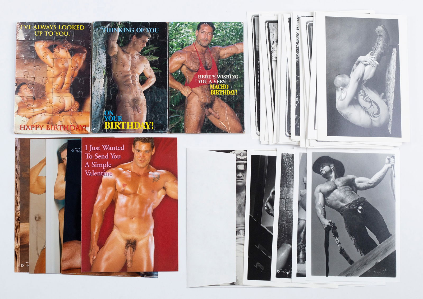 Homoerotic Stationery & Ephemera: Estate collection includes: two boxed collections of 10 Robert Mapplethorpe color notecards from a series'"NUDES.' 1993. Published by Te Neues Publishing Company; Collection of 18 black and white note