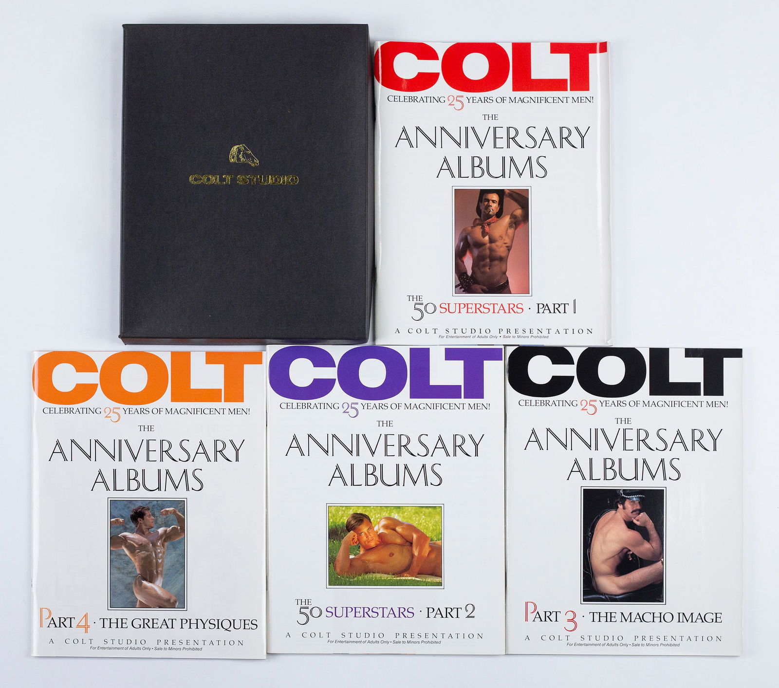 Colt Studio 25th Anniversary Albums: One boxed edition of Colt Studios 25th Anniversary Albums in four issues. 1993. Enclosed in unique clamshell box featuring embossed and gilded Colt Studios logo. Mostly of individual models, many name
