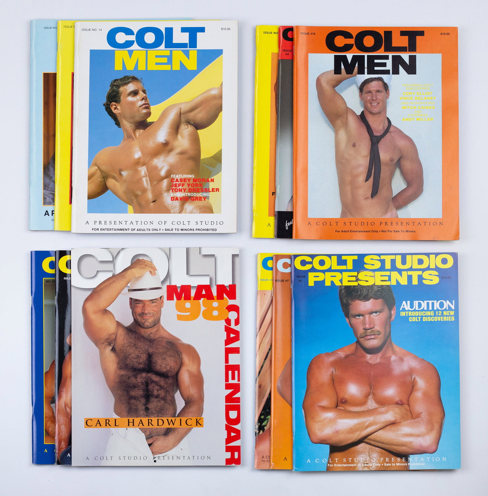 Late 20th Century Men's Magazine Collection: 22 Issues of erotic men's magazines produced by Colt Studios c. 1980s and 1990s; Two copies of 'Mandate Presents the Catalogue of Bel Ami & Falcon International Models and Videos' Vol. 3, No. 3. 1996;