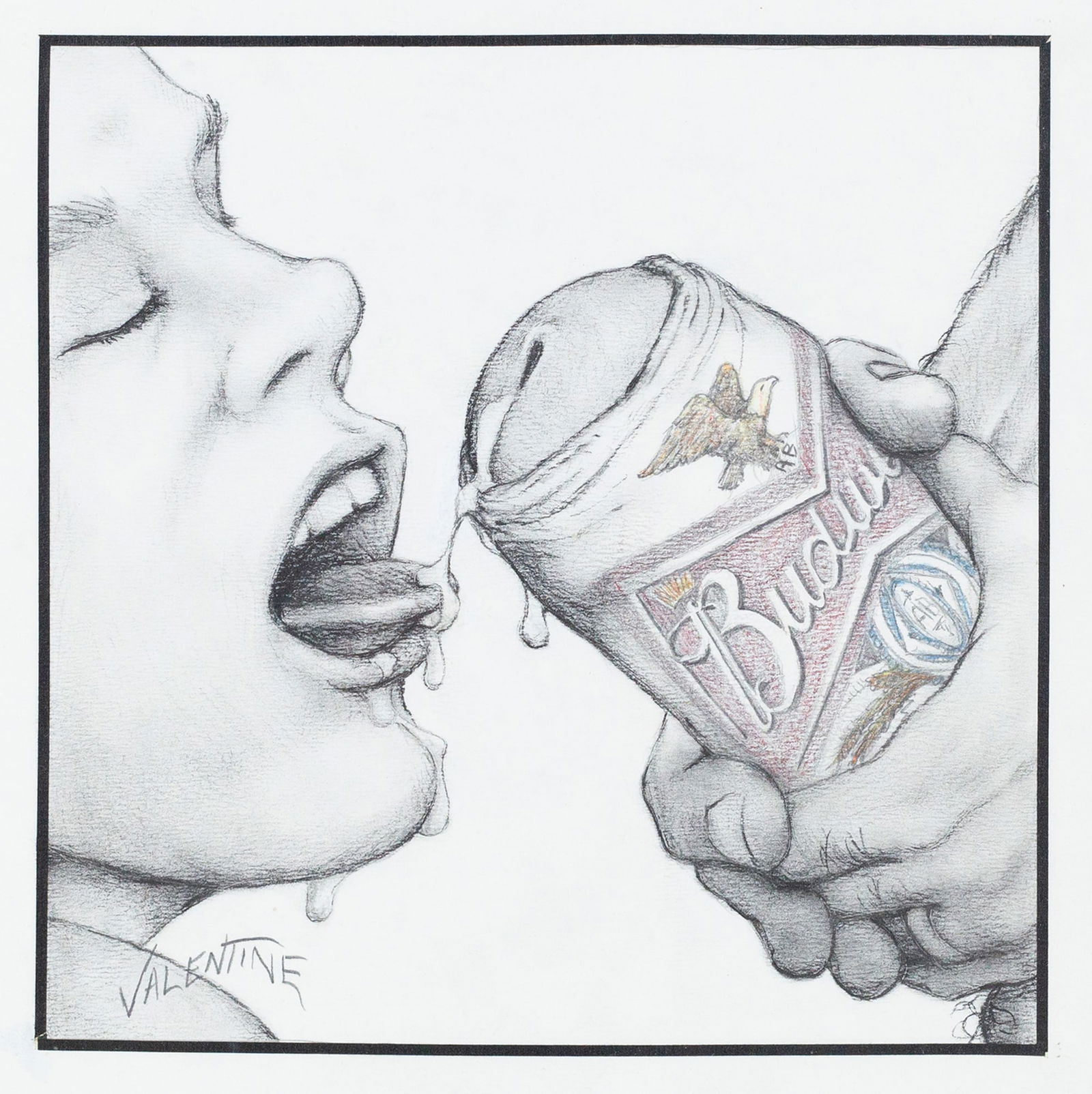 F. Valentine Hooven III (American, 20th Century): 'This Bud's For You.' 2009. Graphite on paper. Signed on left. 11 x 11"; 15 1/2 x 12 1/2 (overall). Framed.