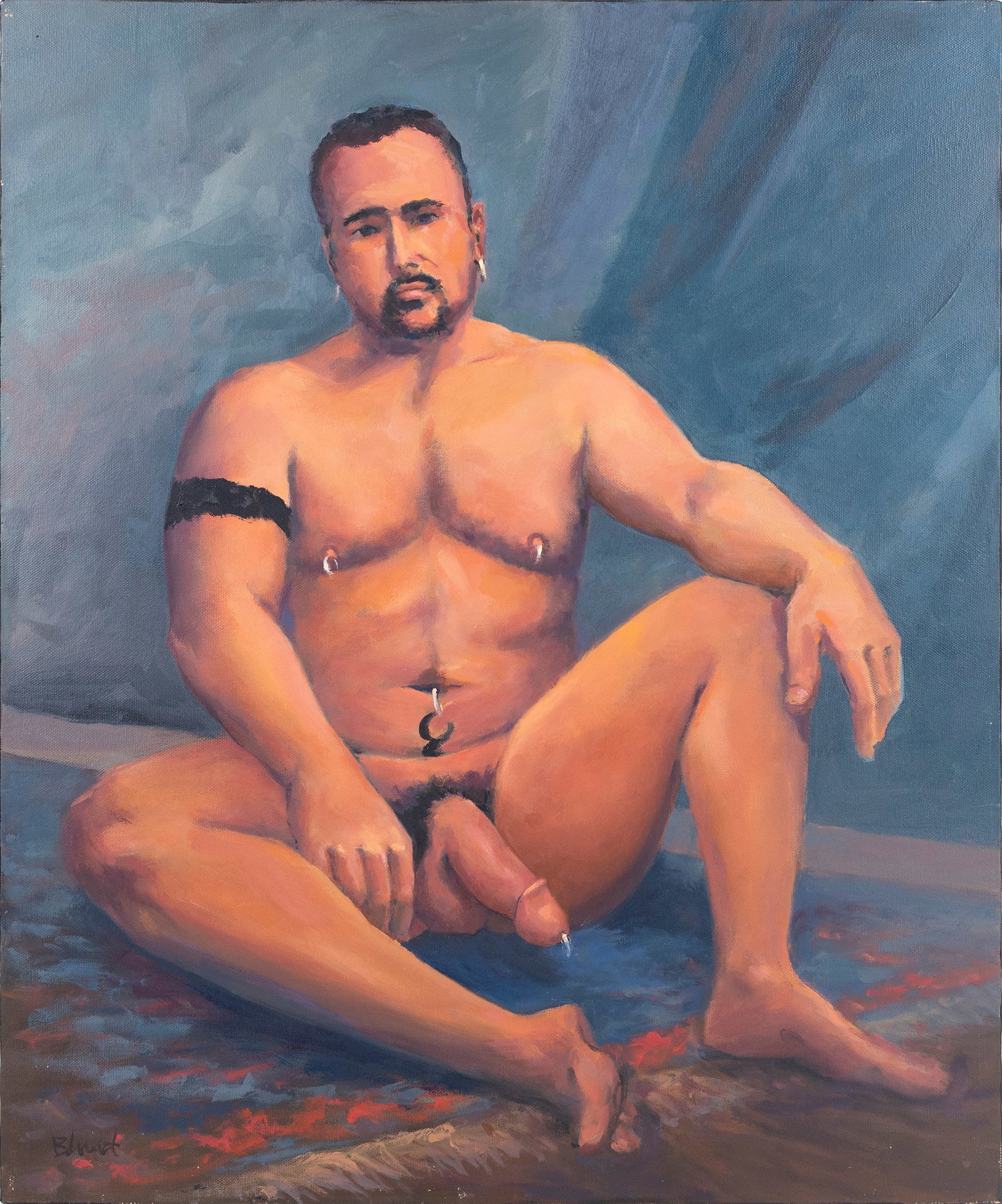 Earl Blust (American, Pennsylvania, 1932-2023): 'Nude with Piercings on Rug.' Oil on canvas. Signed at bottom left. 24 x 20".