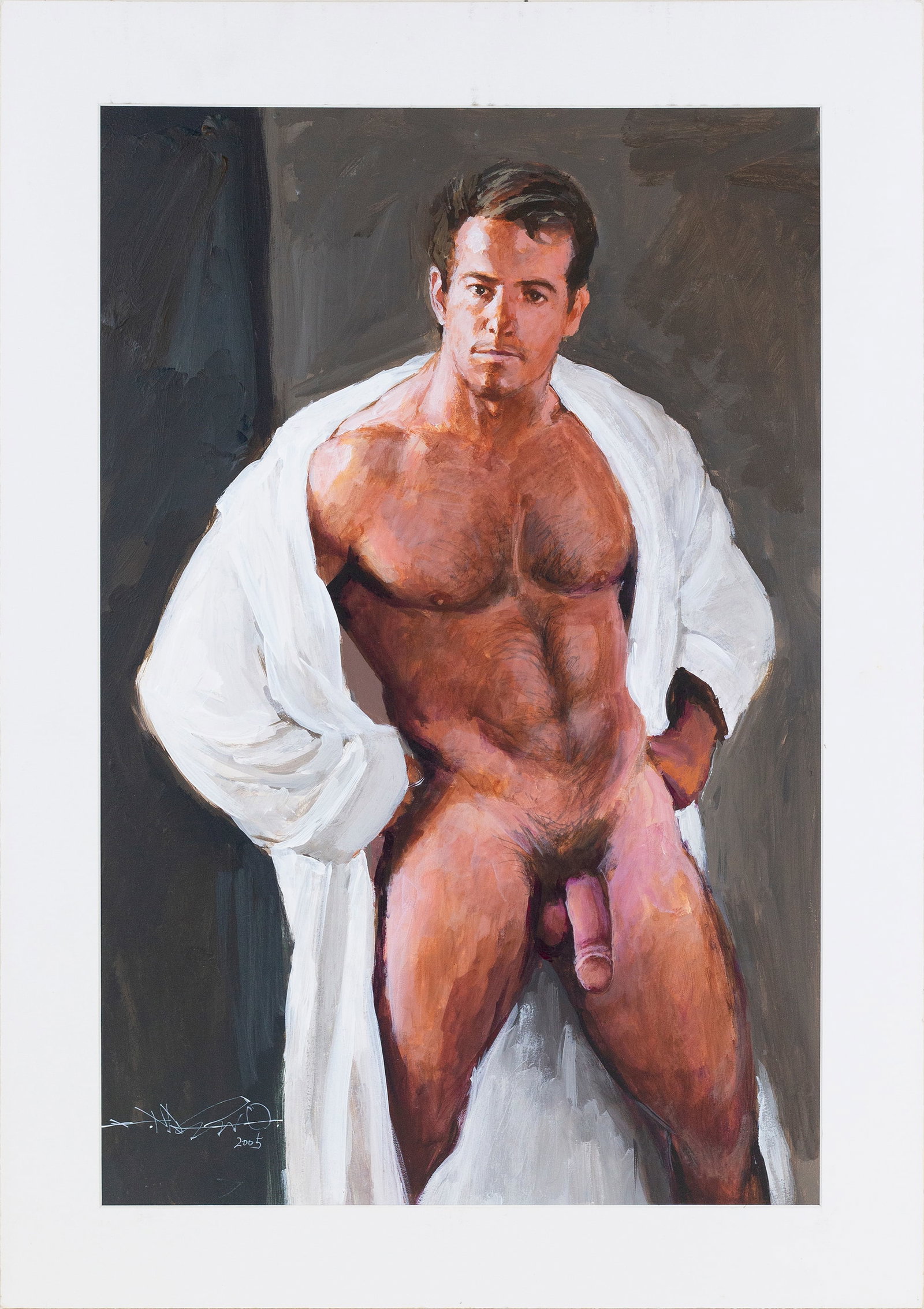 Shozo Nagano (Japanese, 1928 - 2008): 'Bathrobe.' 2005. Oil on paper. Signed and dated at bottom left. 21 1/2 x 15"; 25 x 18" (overall). Matted.